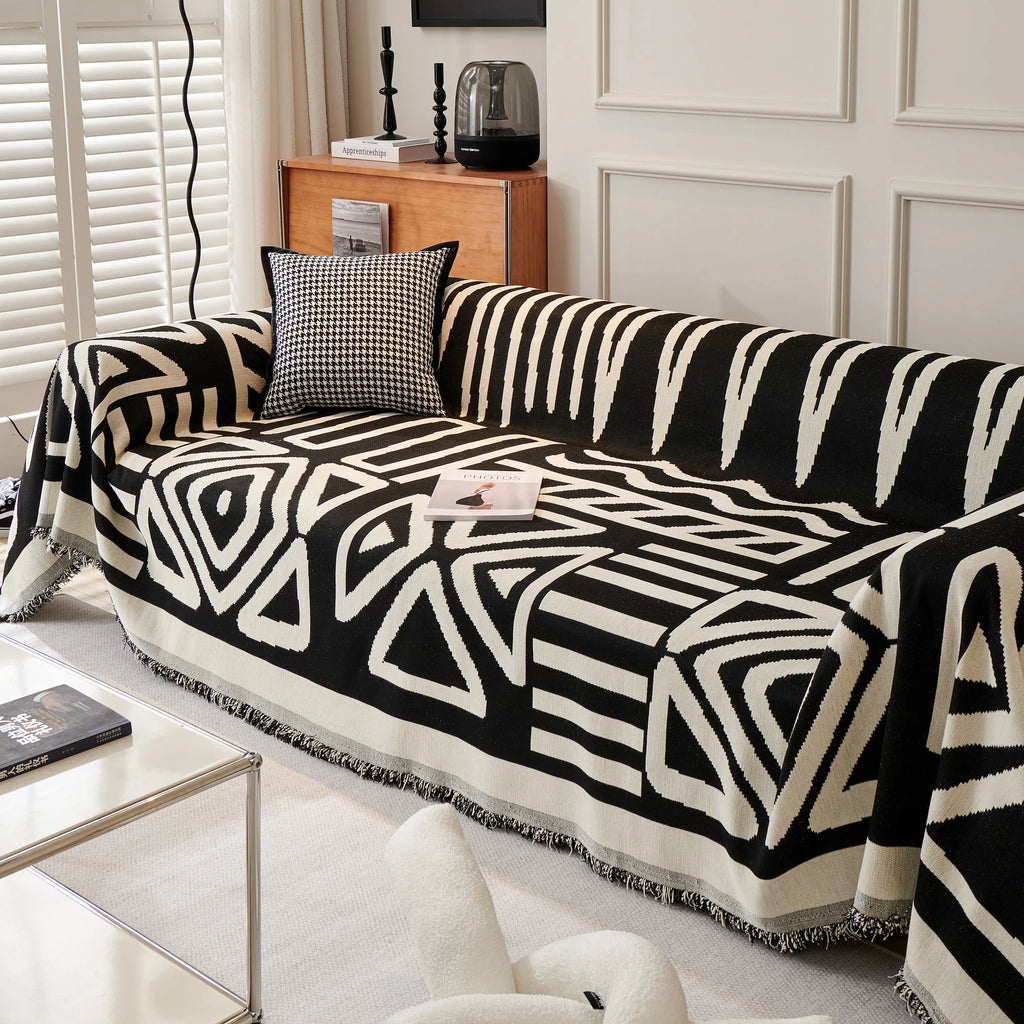 Chenille Geometric Sofa Throw Blanket, Boho Washable Furniture Throw Covers for Sofa