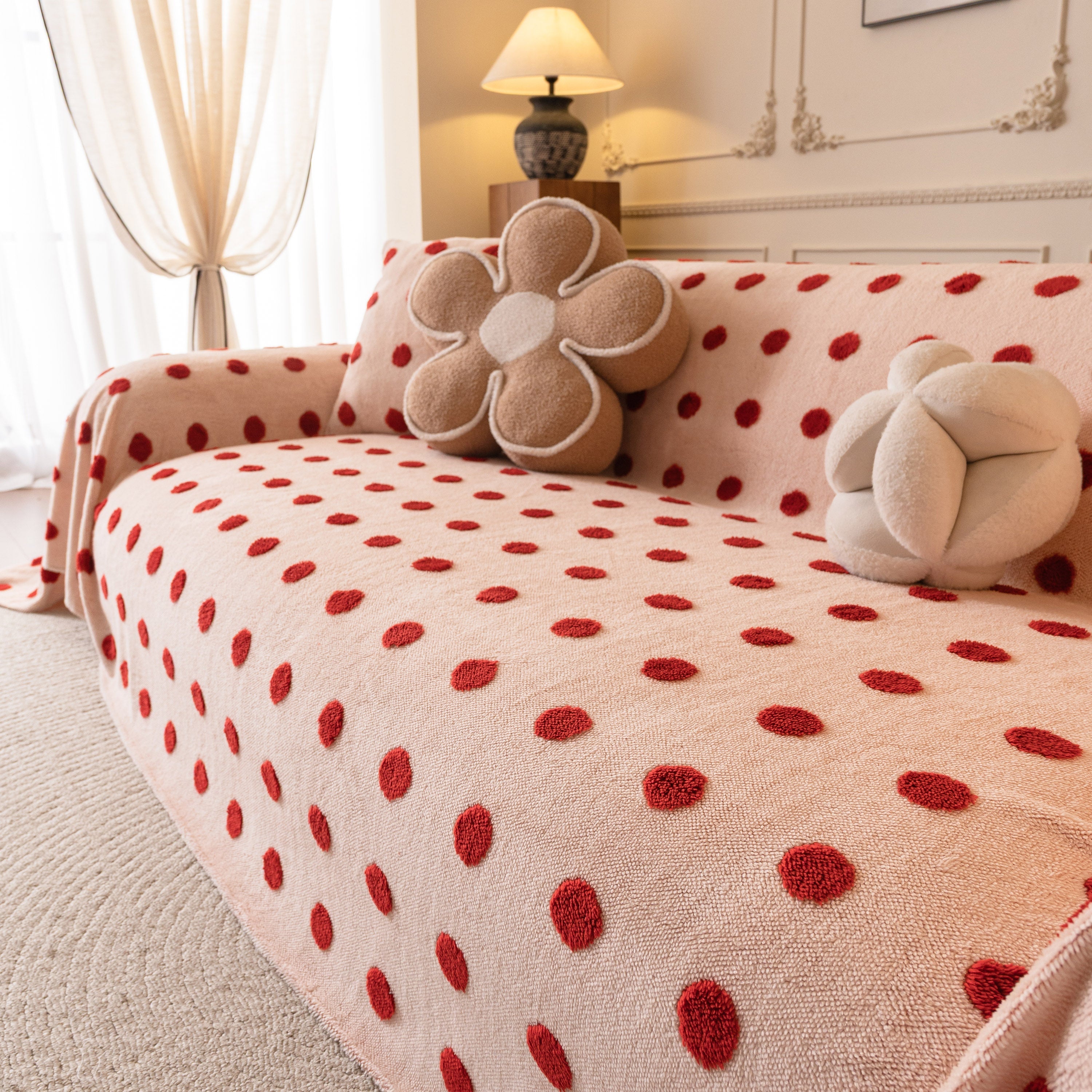 Plush Fleece Sofa Cover Throw, Soft Textured Polka Dot Couch Protector Blanket for Pets