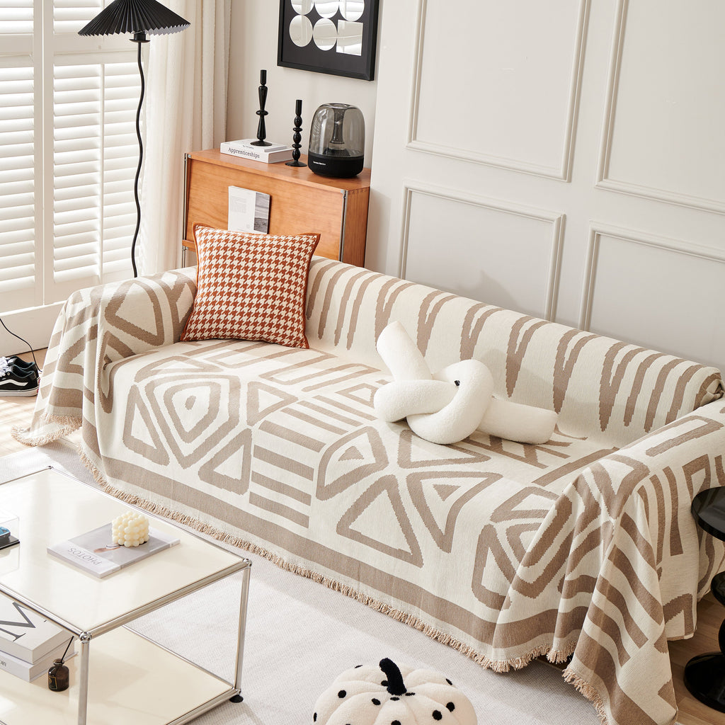 Chenille Geometric Sofa Throw Blanket, Boho Washable Furniture Throw Covers for Sofa