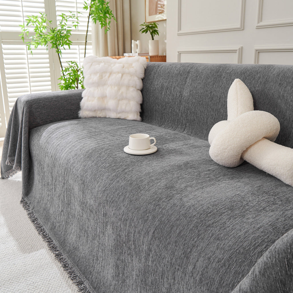 Solid Color Chenille Sofa Throw Blanket, Cozy & Easy Care Fringed Furniture Protector