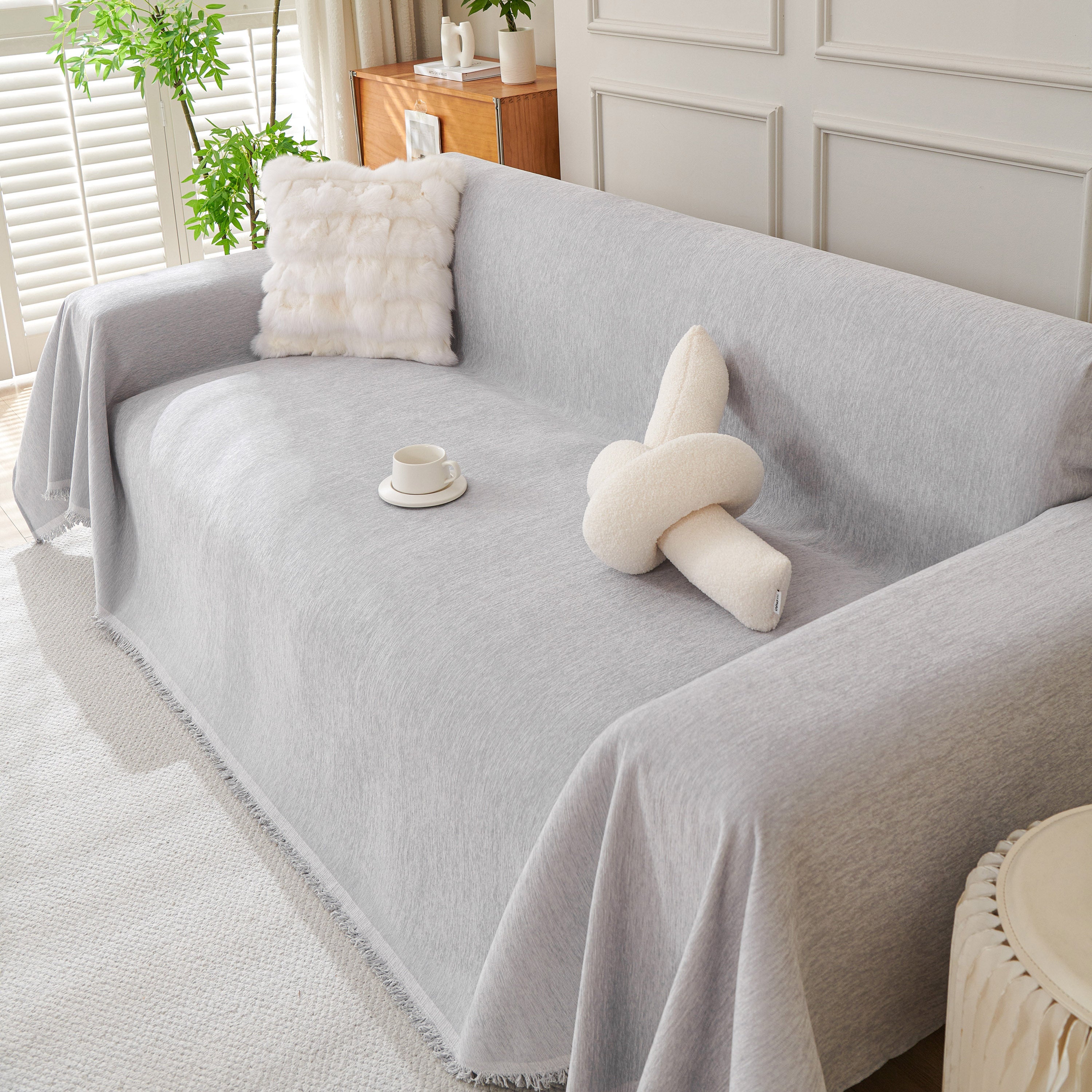 Solid Color Chenille Sofa Throw Blanket, Cozy & Easy Care Fringed Furniture Protector