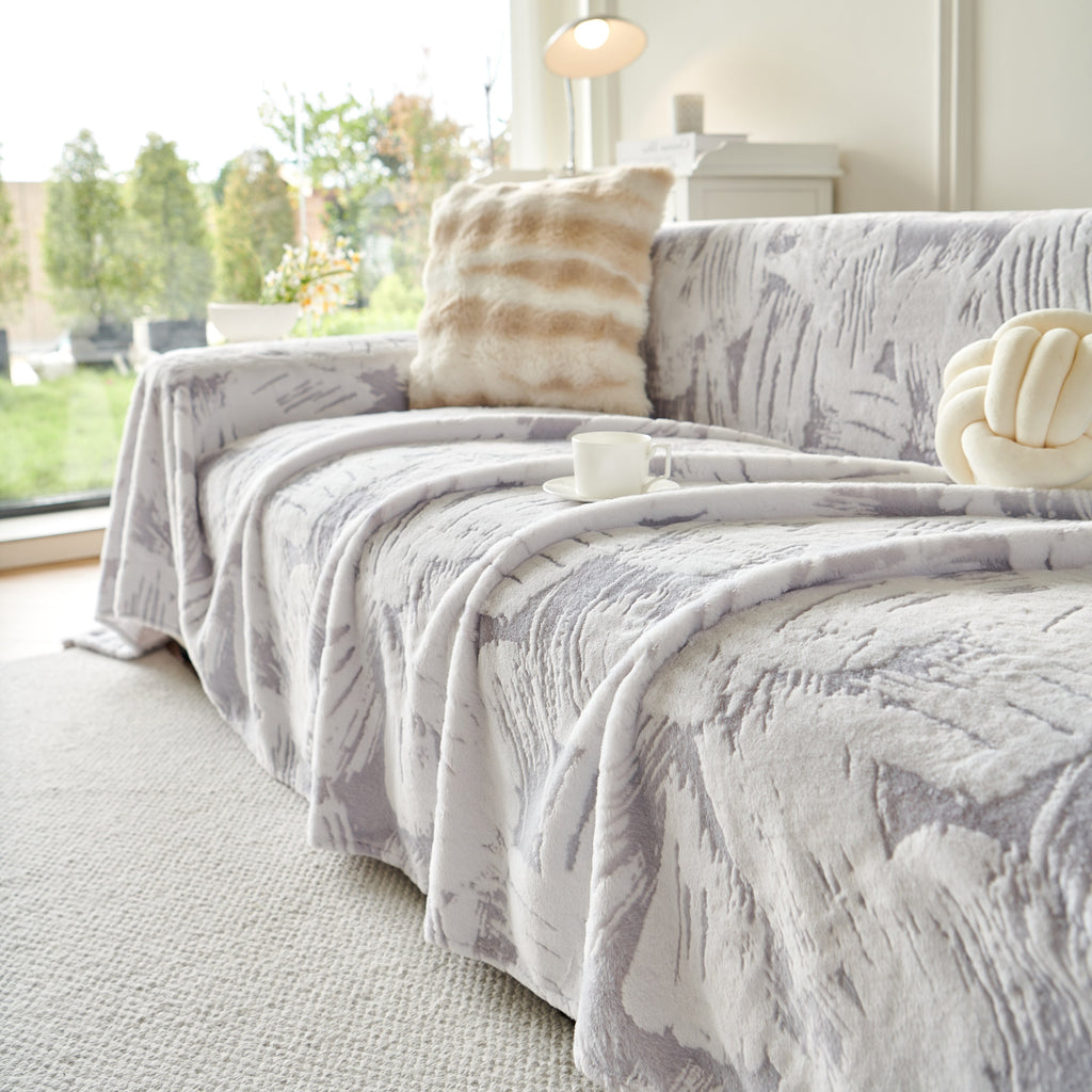 Plush Faux Fur Warm Sofa Cover with Waves Jacquard Textured Throw Blankets for Couch