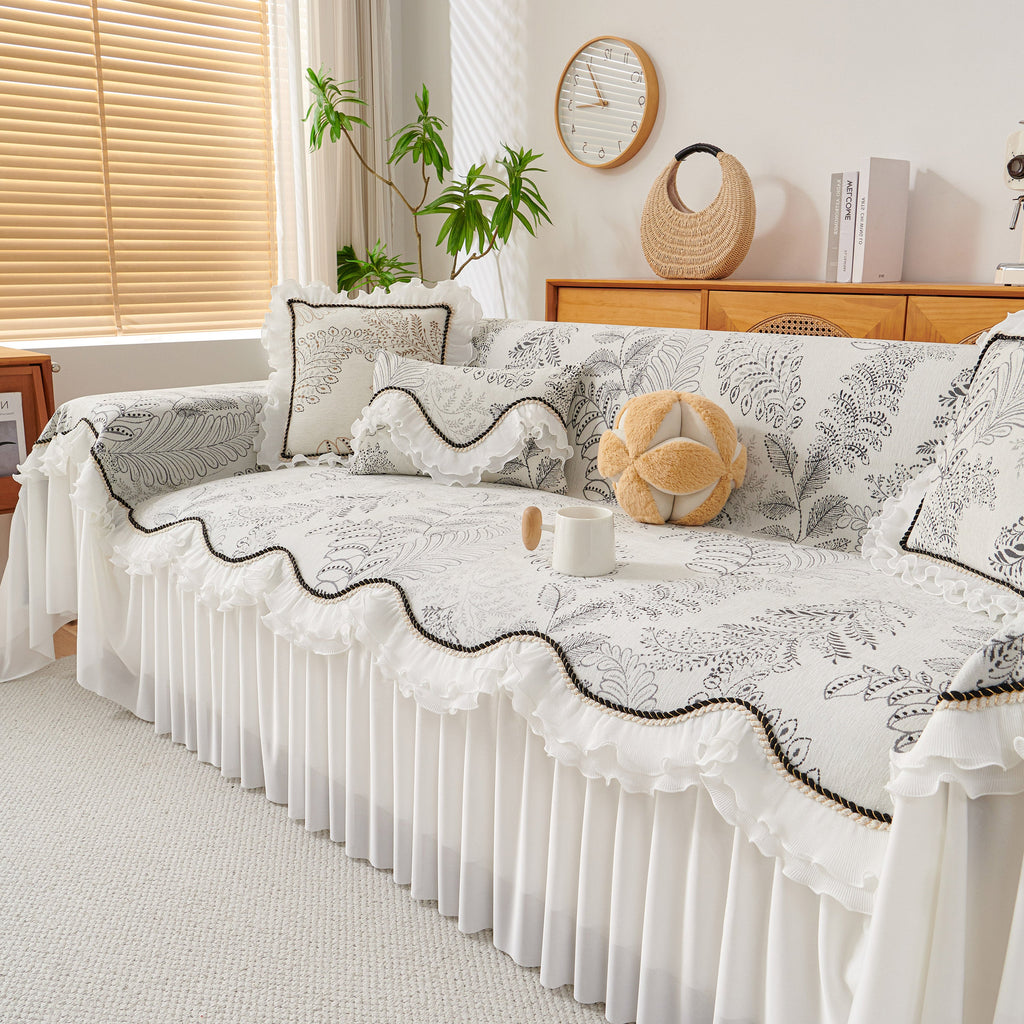 Farmhouse Ruffled Lace Sofa Slipcover Vintage Furniture Protector with Botanical Print