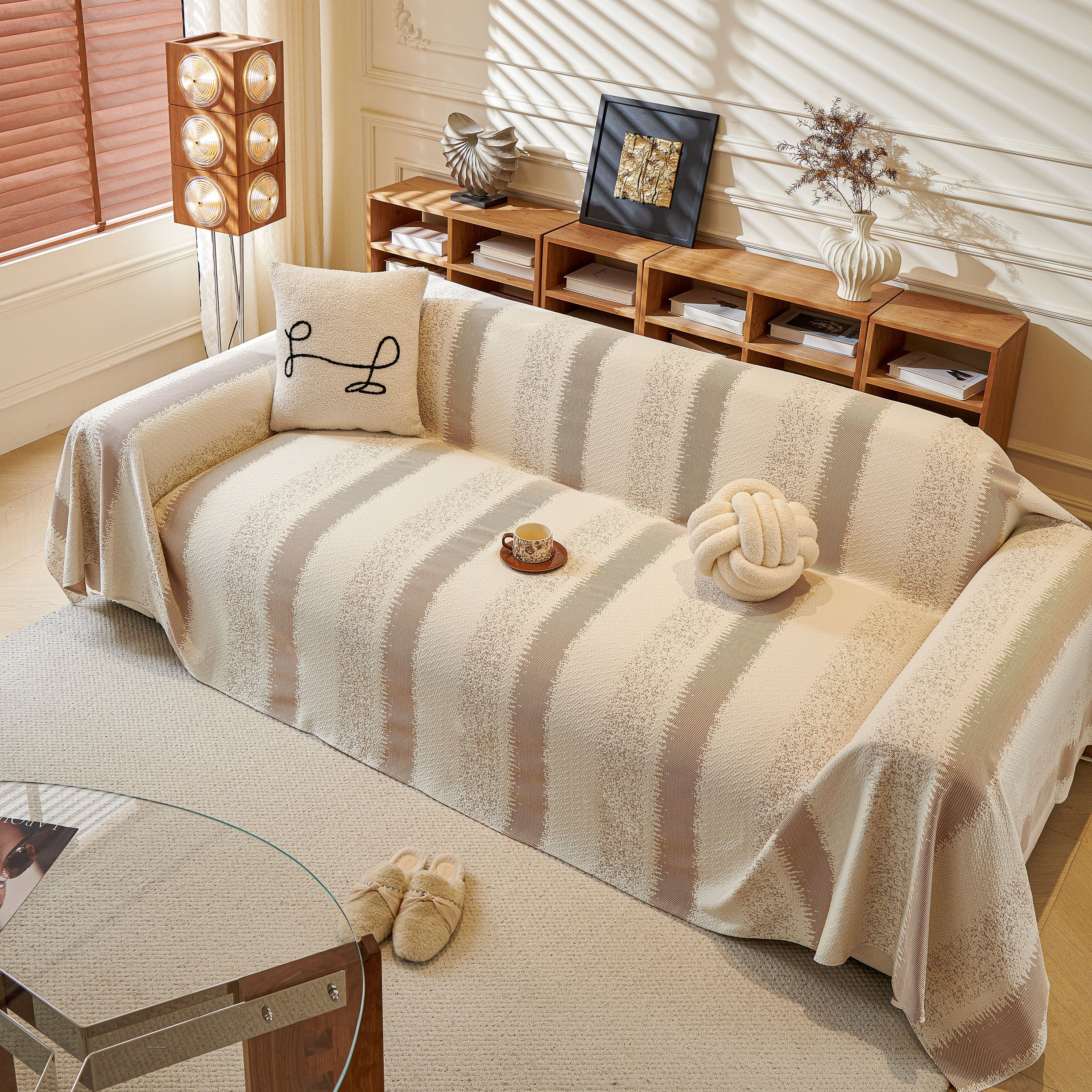 Modern Striped Couch Protector Blanket, Furniture Slipcover for L Shaped Sectionals