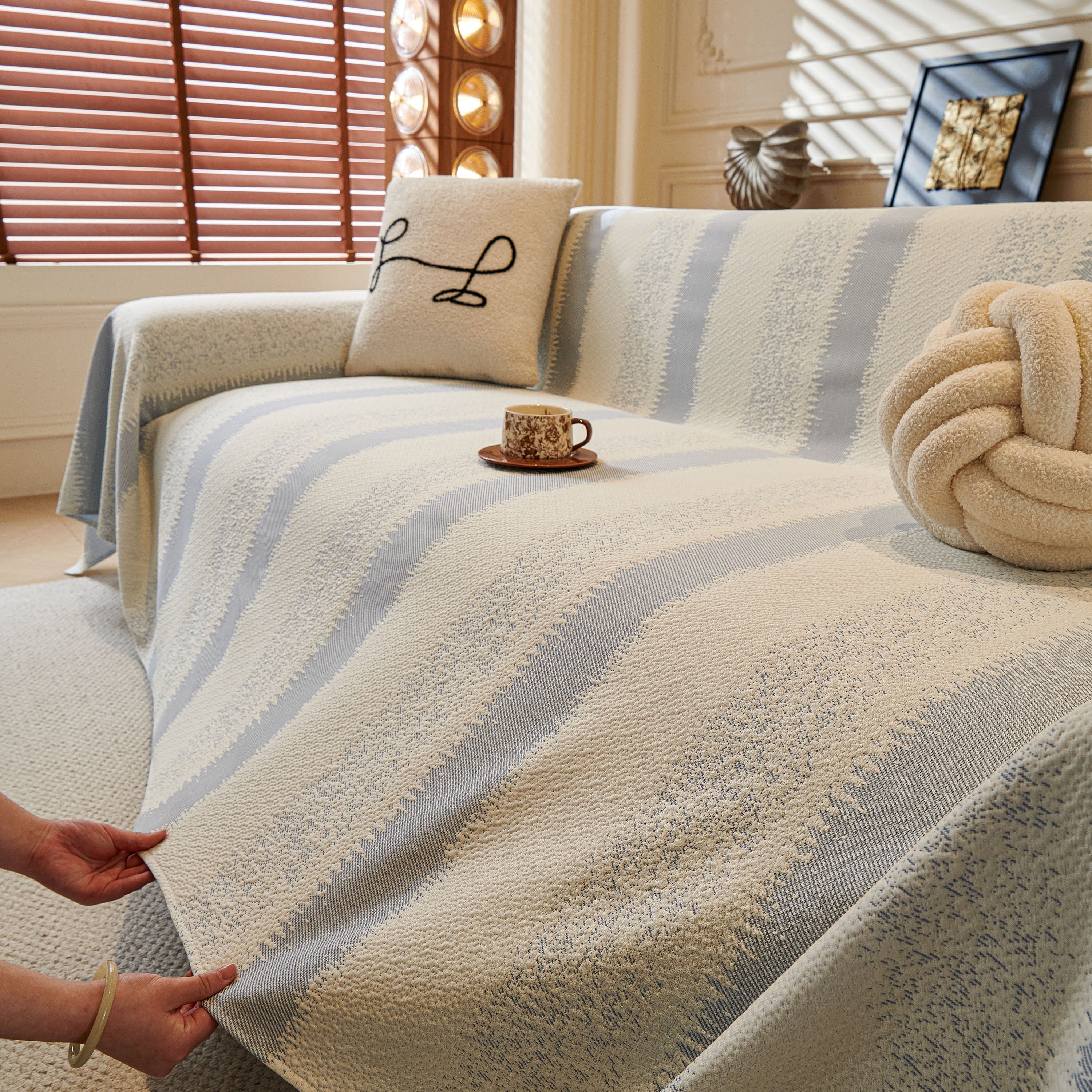 Modern Striped Couch Protector Blanket, Furniture Slipcover for L Shaped Sectionals