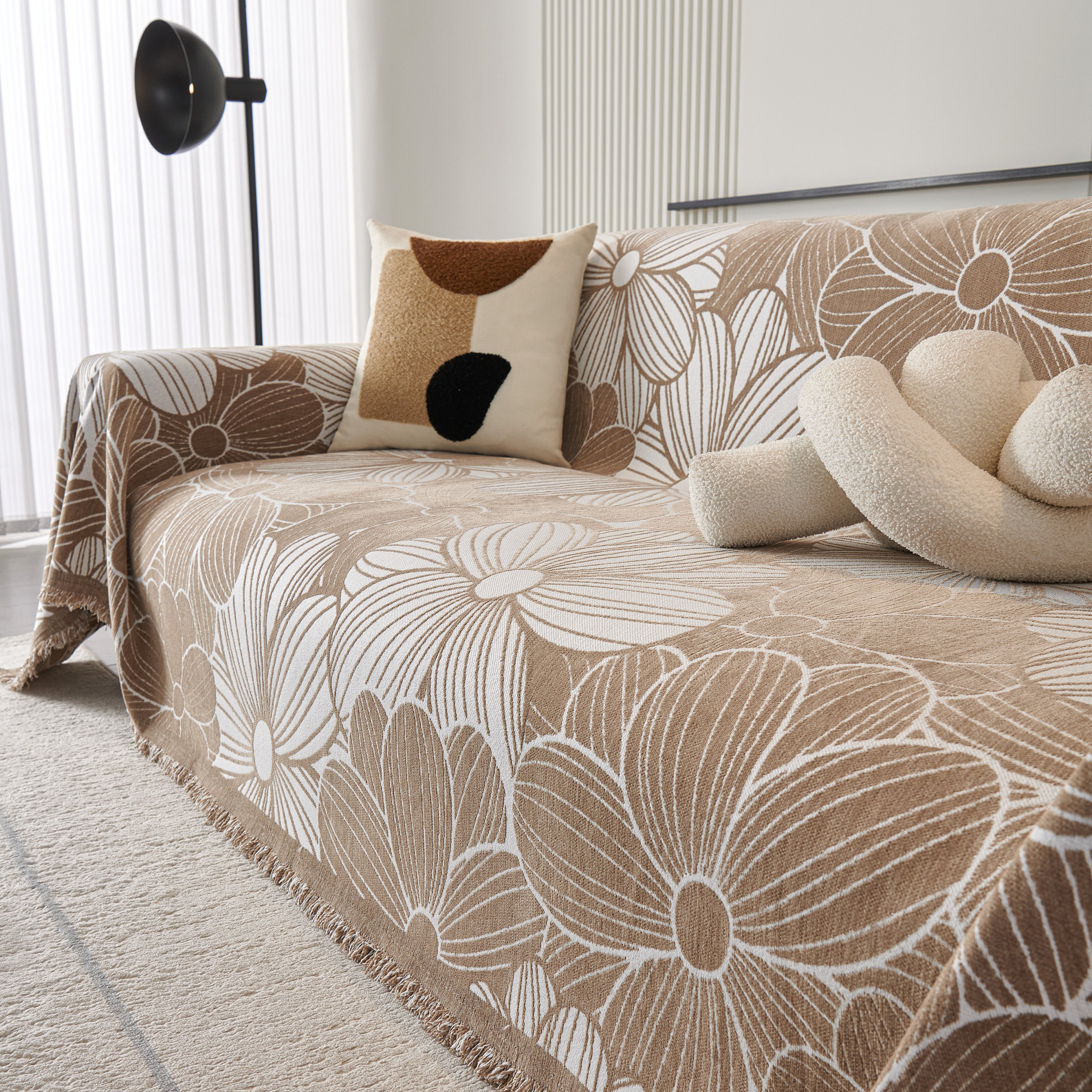 Chenille Jacquard Sofa Throw Cover with Tassels, All-Season Furniture Protector for Home and Office