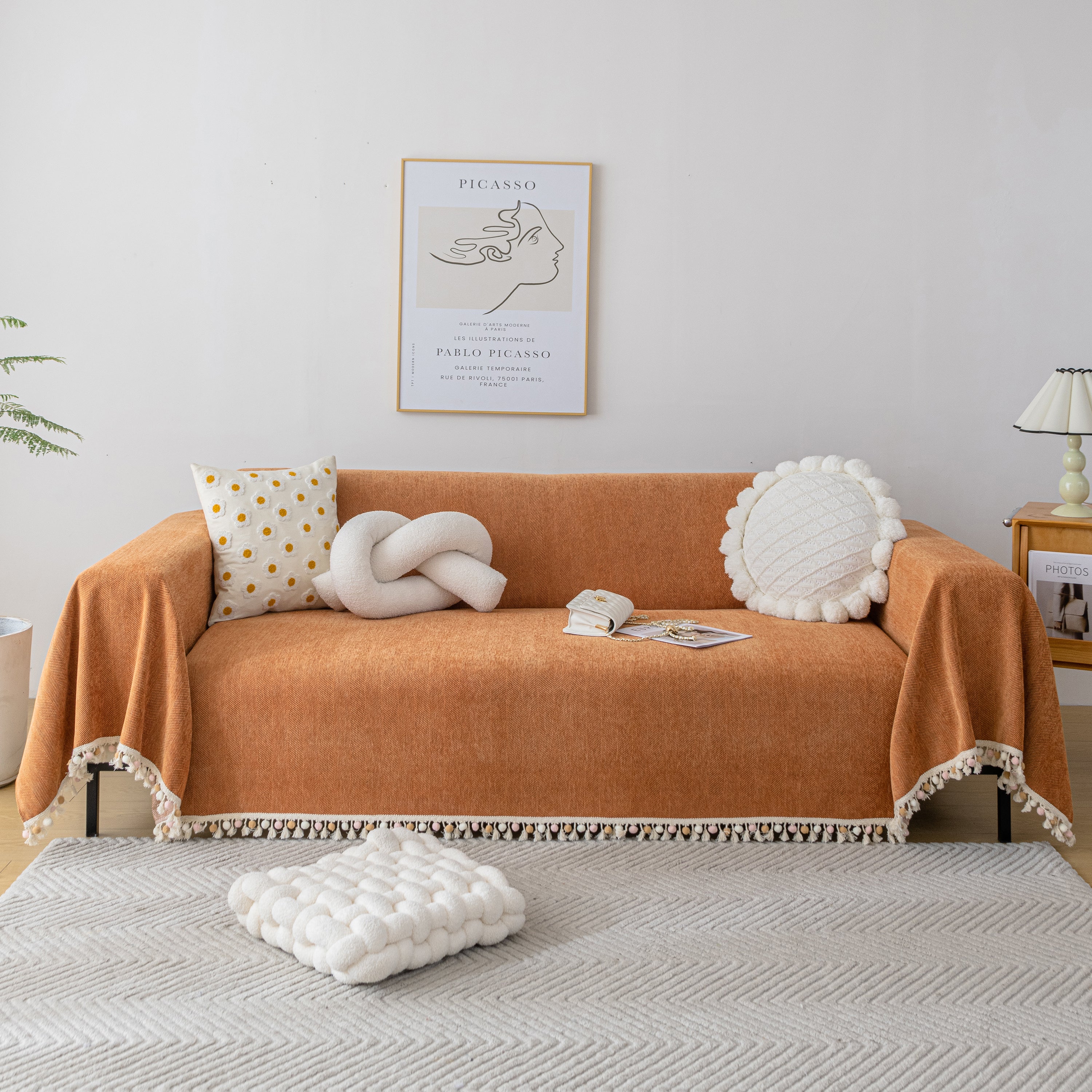 Couch Cover Sectional L Shape Chenille Herringbone Couch Throw Cover with Tassel Pom-Poms for Pets