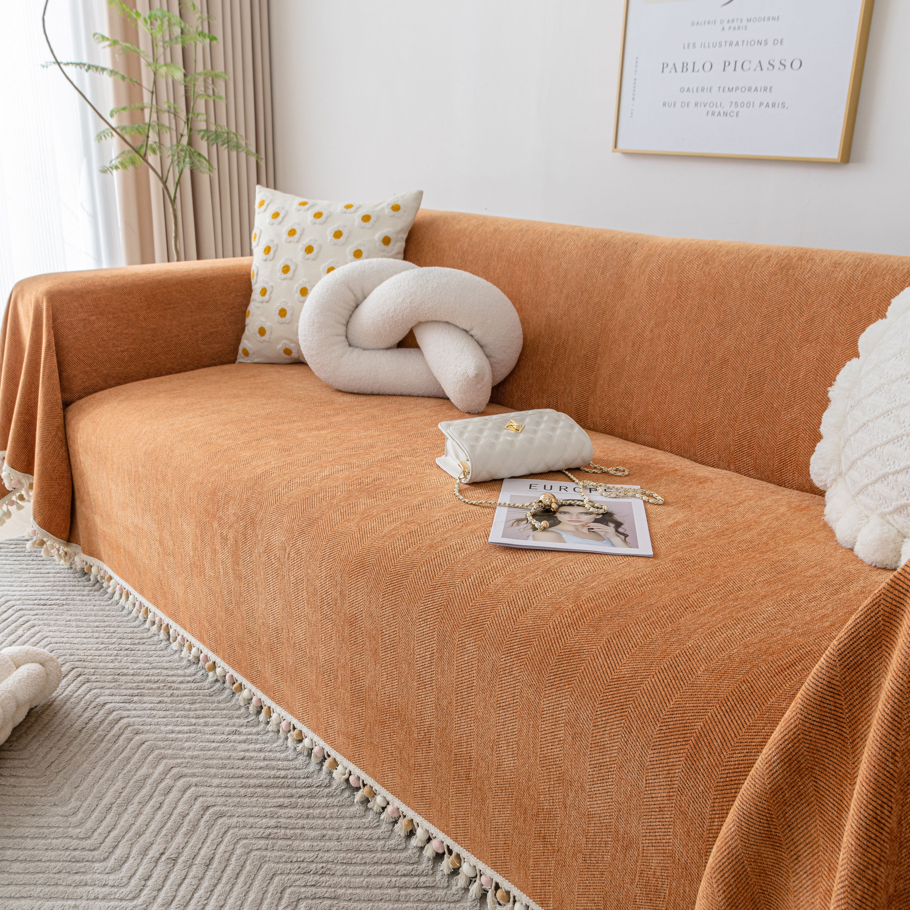 Boho Herringbone Sofa Throw Blanket with Pom Pom Tassels Stylish Furniture Slipcover