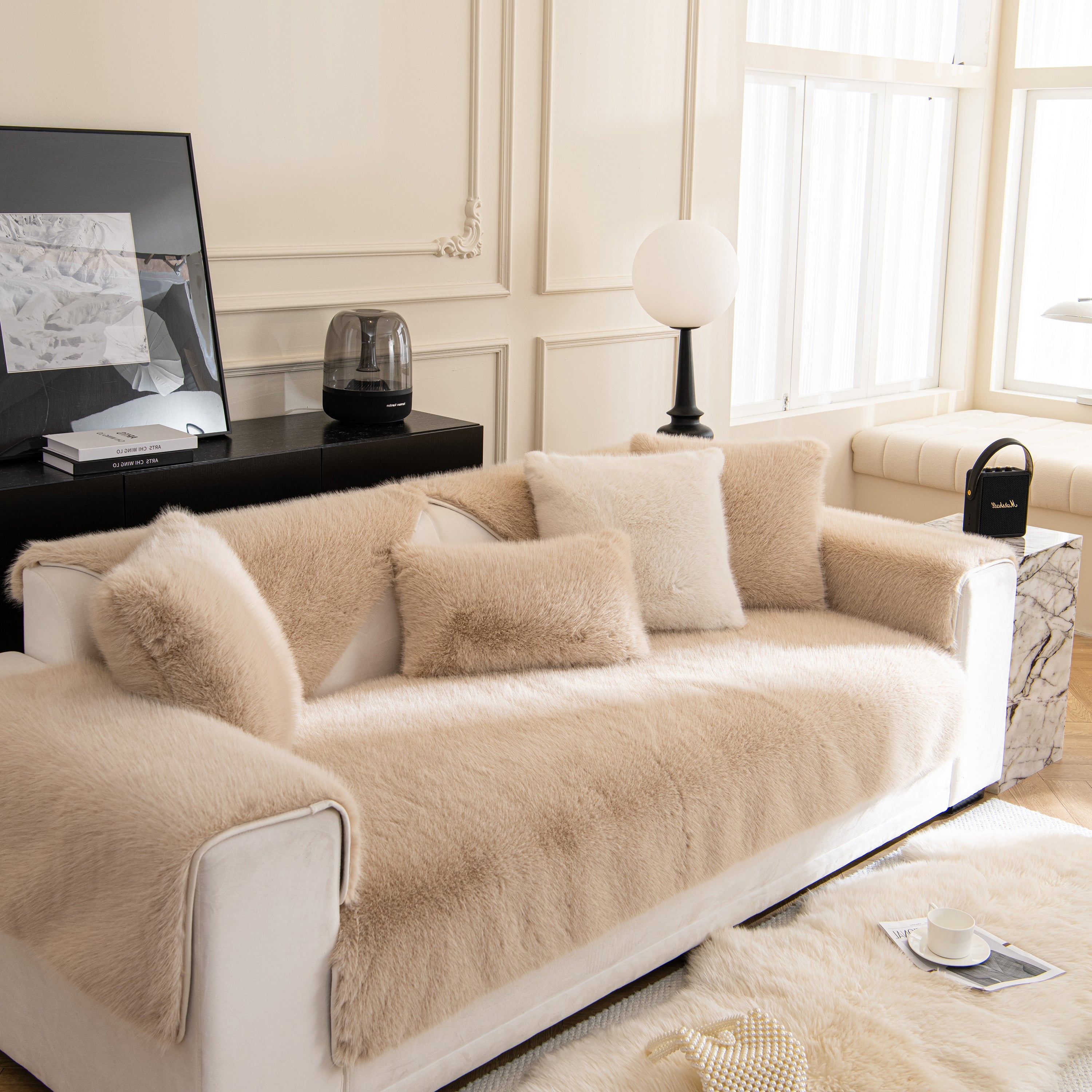 Faux Mink Velvet Luxury Fluffy Sofa Cushion, Winter Warm Thick Plush Non-slip Sofa Covers