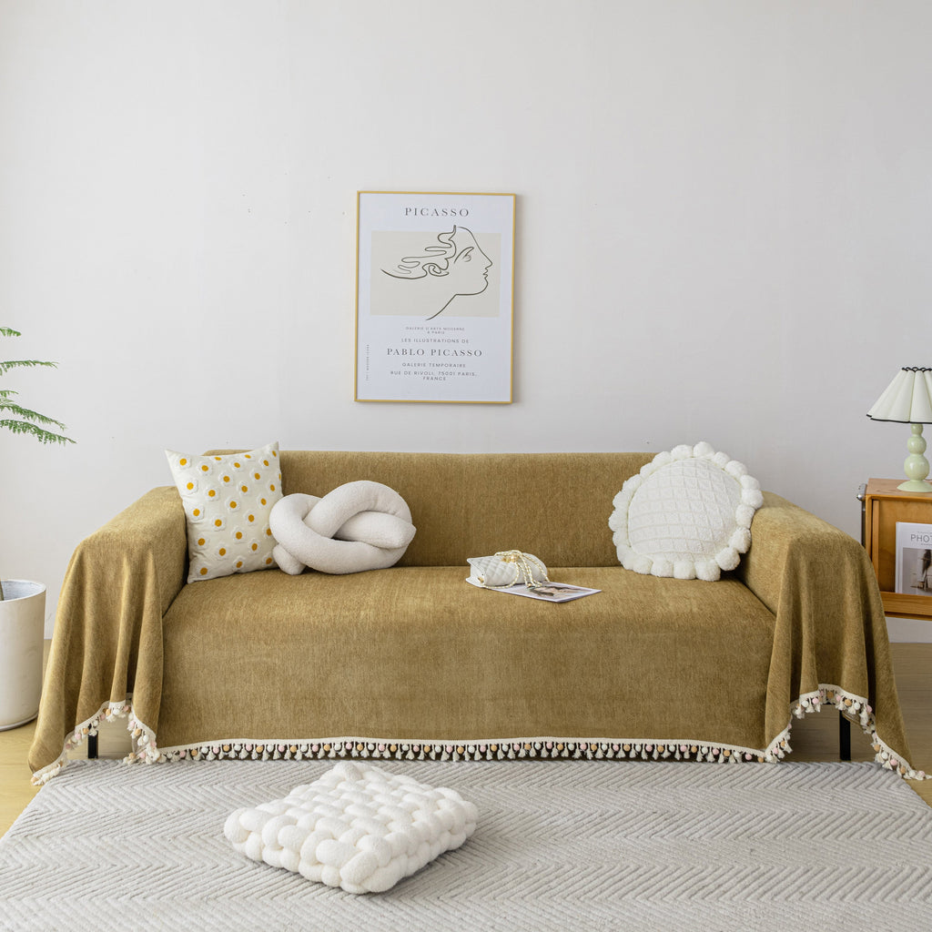 Boho Herringbone Sofa Throw Blanket with Pom Pom Tassels Stylish Furniture Slipcover