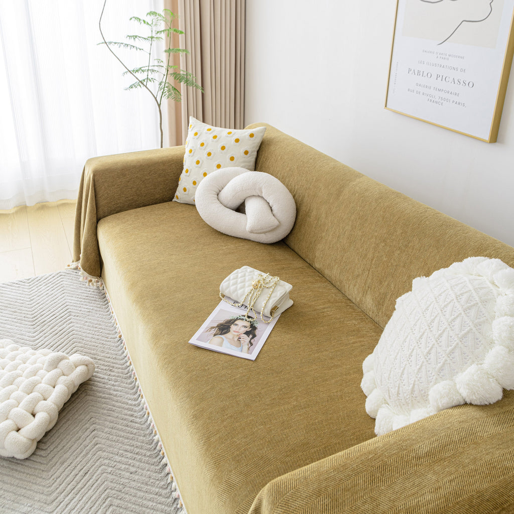 Boho Herringbone Sofa Throw Blanket with Pom Pom Tassels Stylish Furniture Slipcover