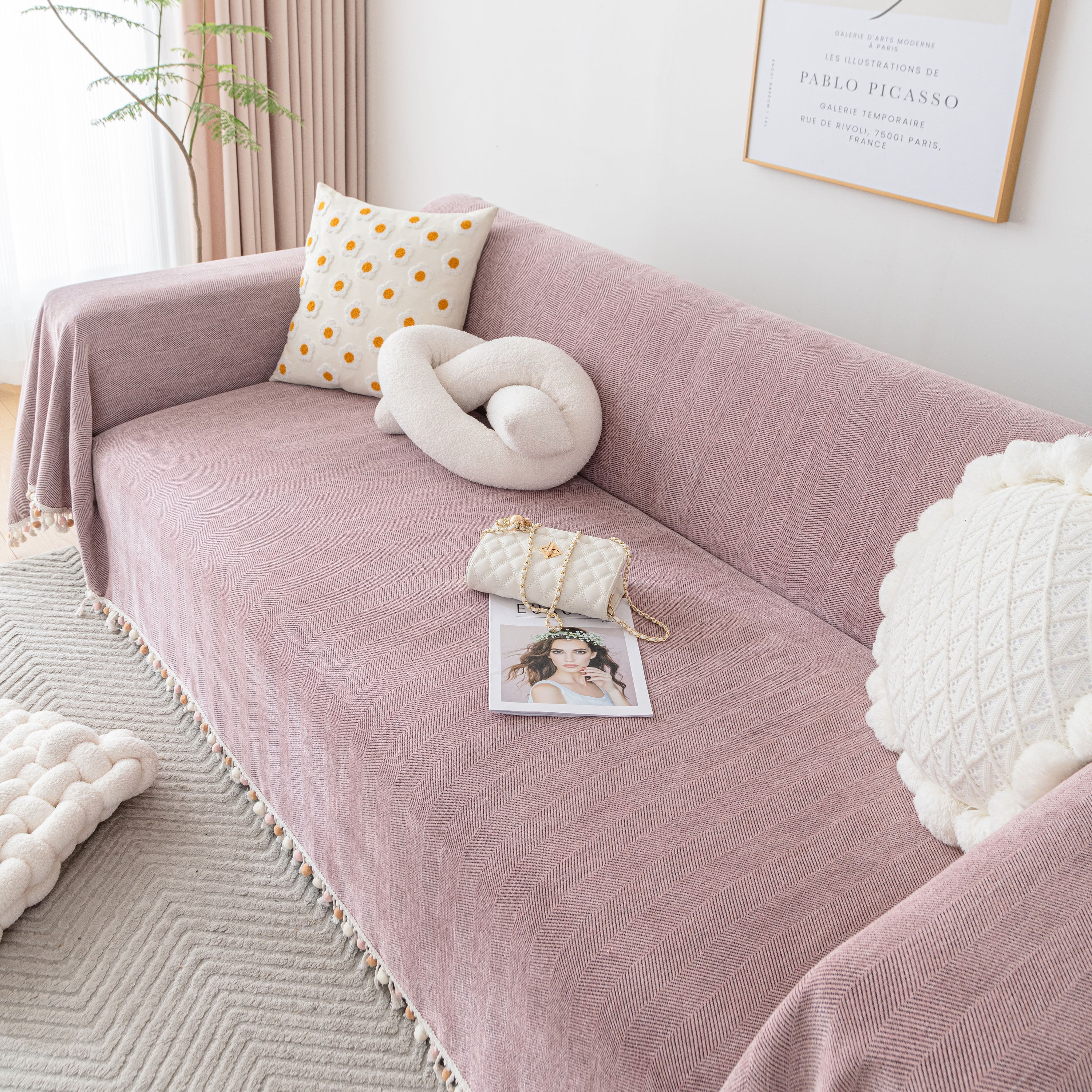 Boho Herringbone Sofa Throw Blanket with Pom Pom Tassels Stylish Furniture Slipcover