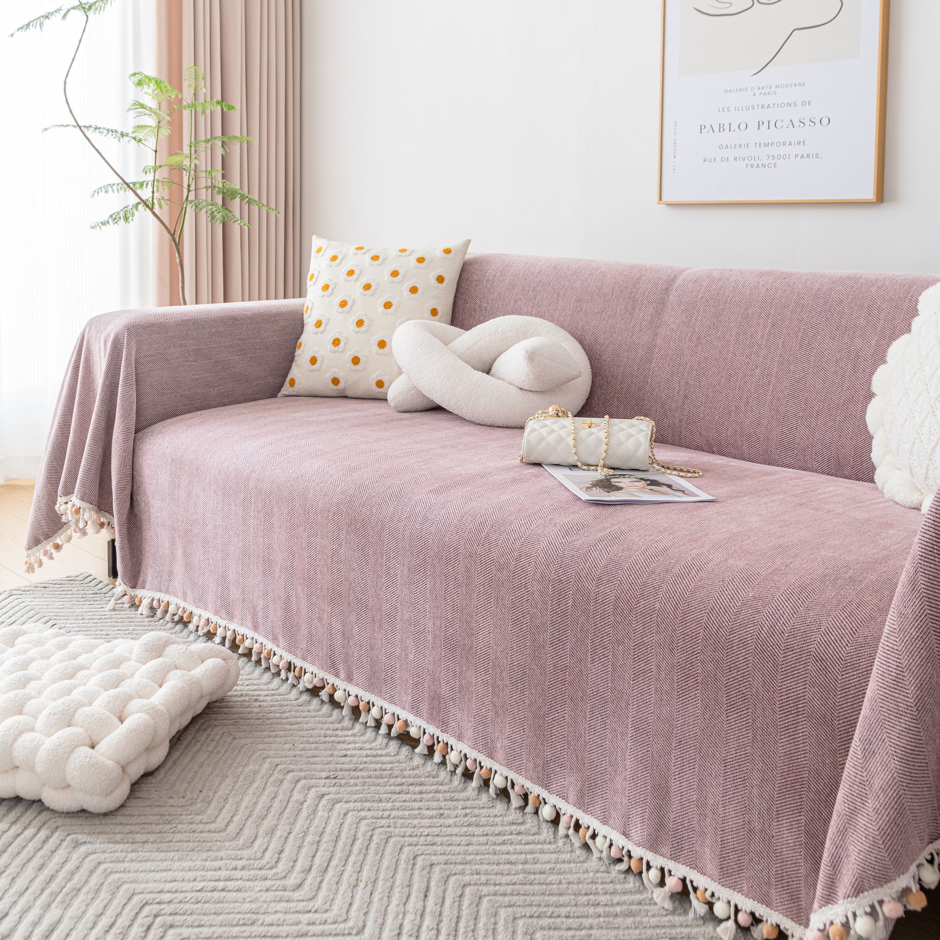 Boho Herringbone Sofa Throw Blanket with Pom Pom Tassels Stylish Furniture Slipcover