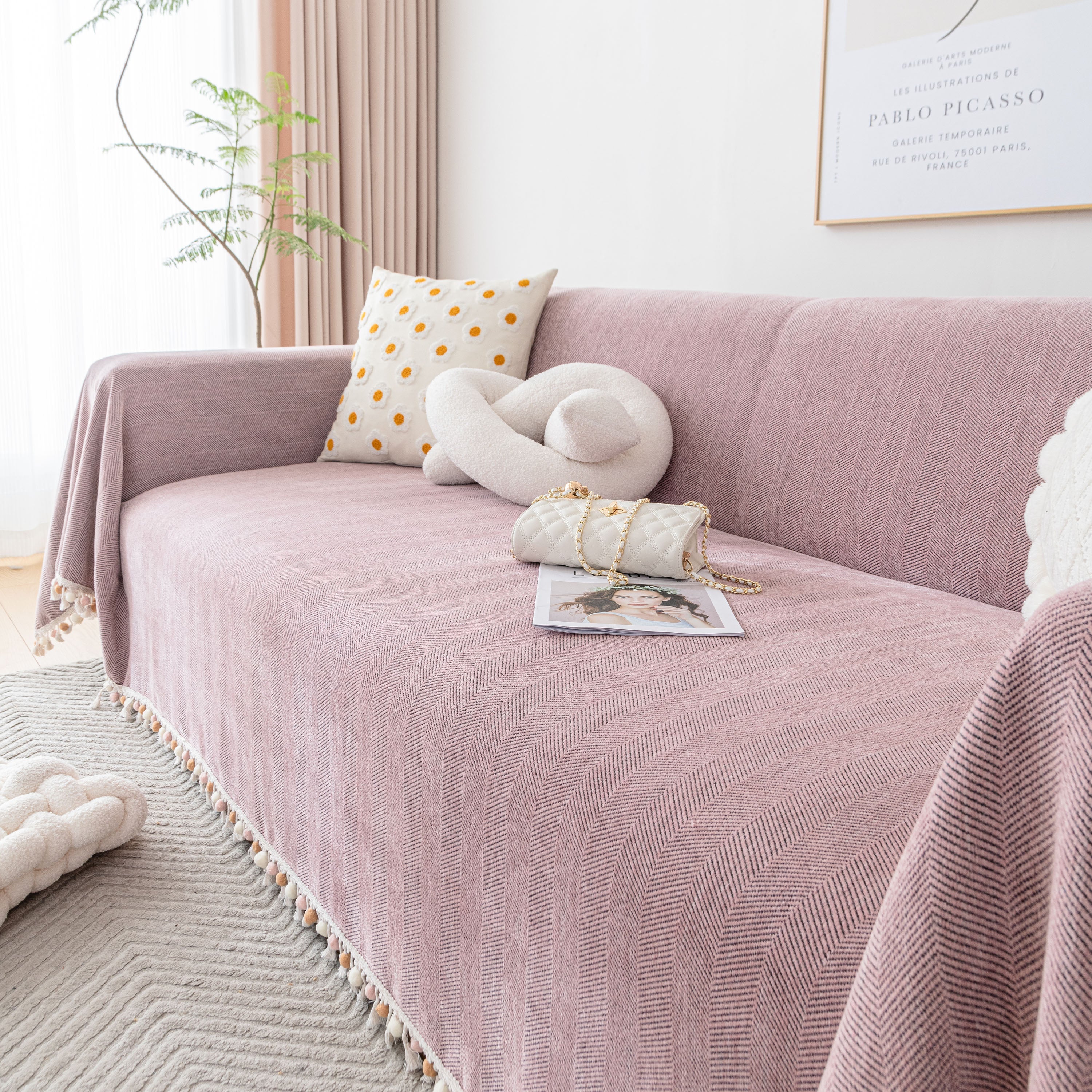Boho Herringbone Sofa Throw Blanket with Pom Pom Tassels Stylish Furniture Slipcover