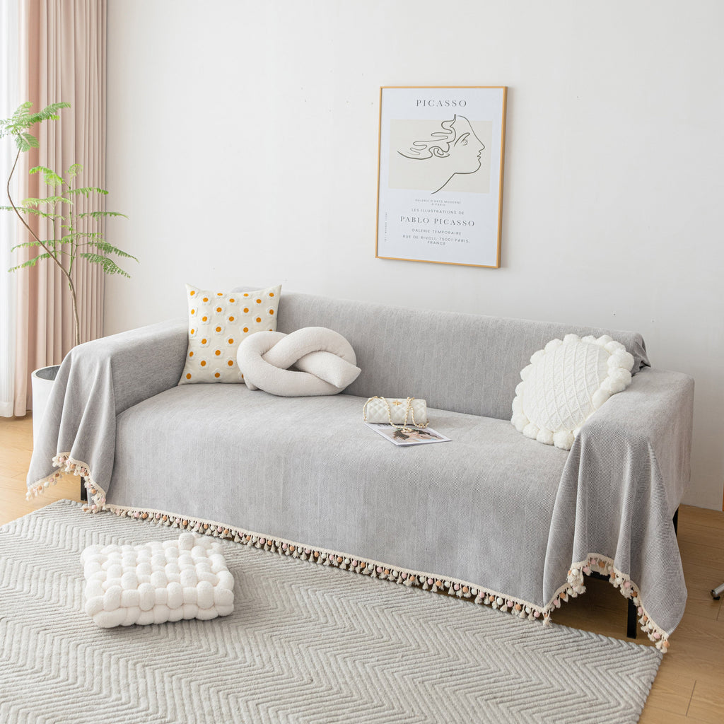 Boho Herringbone Sofa Throw Blanket with Pom Pom Tassels Stylish Furniture Slipcover
