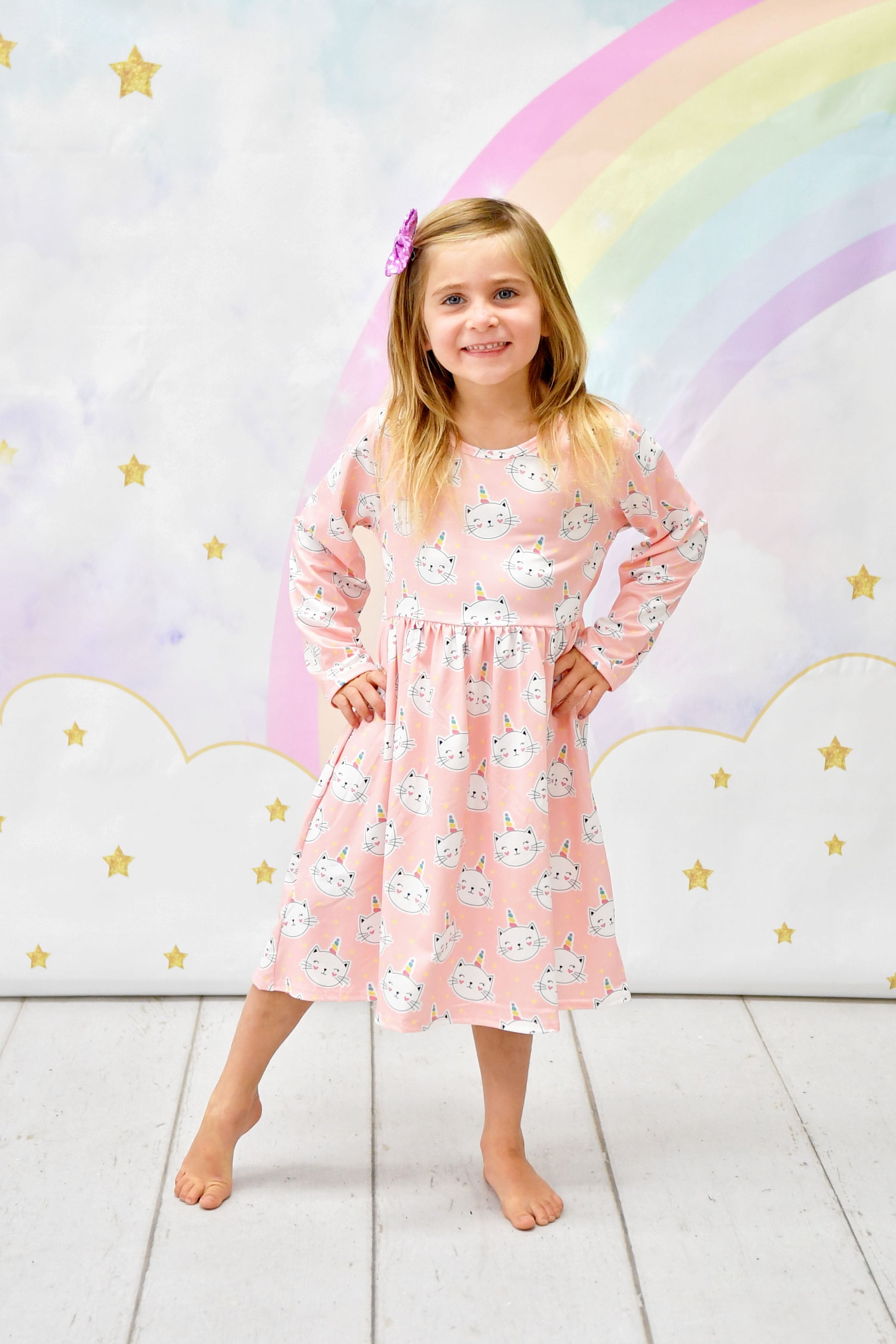Kitty Unicorn Long Sleeve Milk Silk Dress