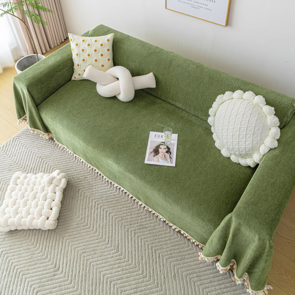 Couch Cover Sectional L Shape Chenille Herringbone Couch Throw Cover with Tassel Pom-Poms for Pets