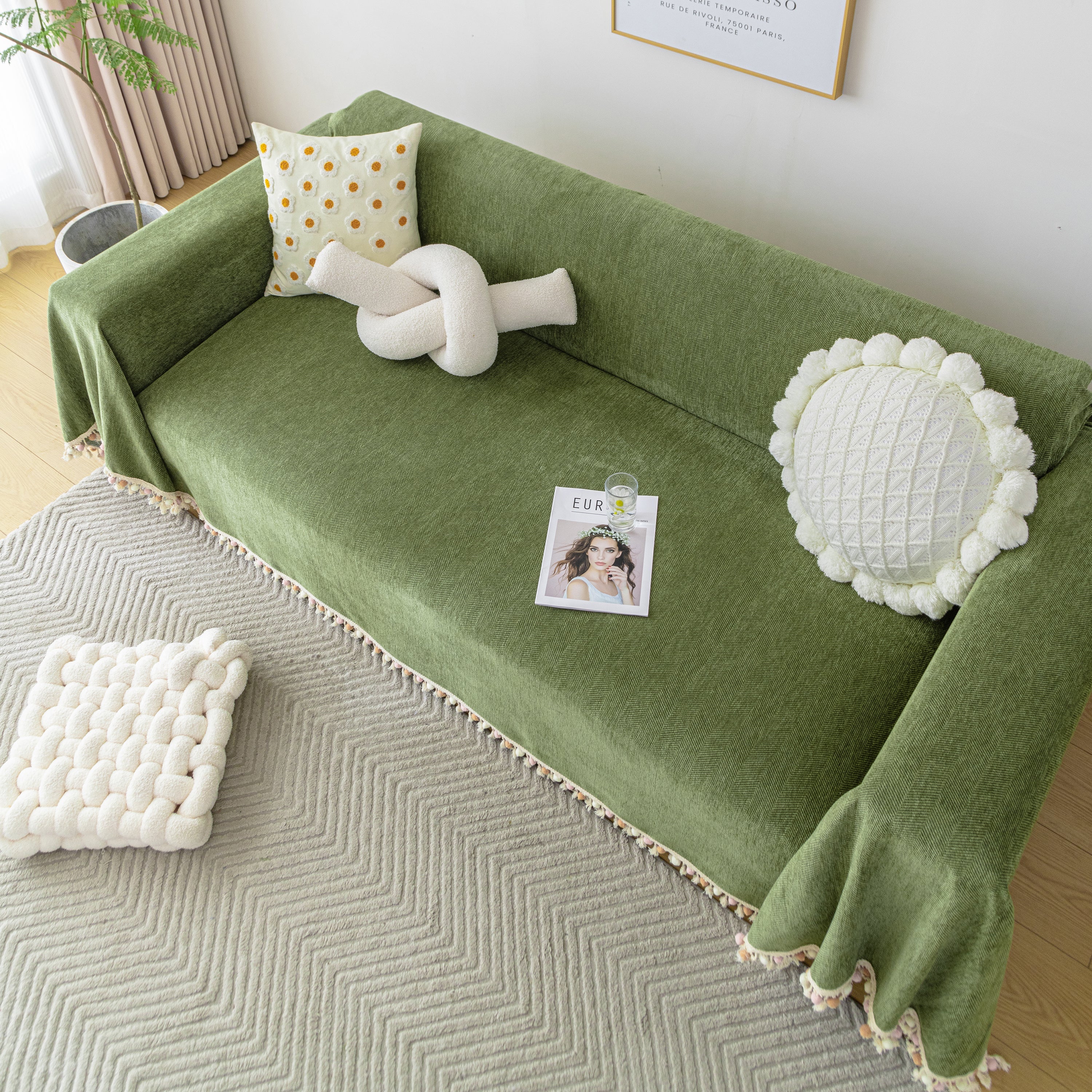 Couch Cover Sectional L Shape Chenille Herringbone Couch Throw Cover with Tassel Pom-Poms for Pets