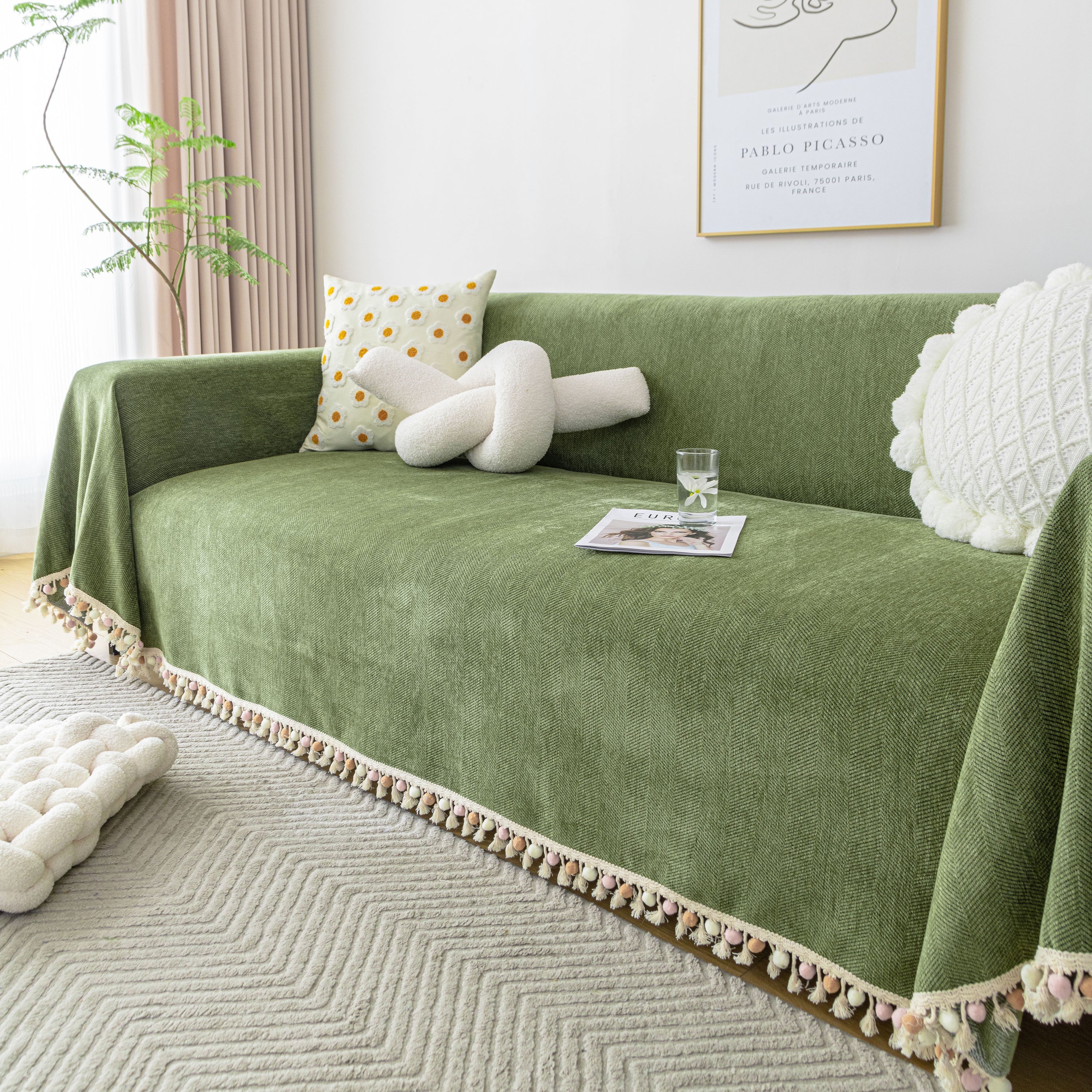 Boho Herringbone Sofa Throw Blanket with Pom Pom Tassels Stylish Furniture Slipcover