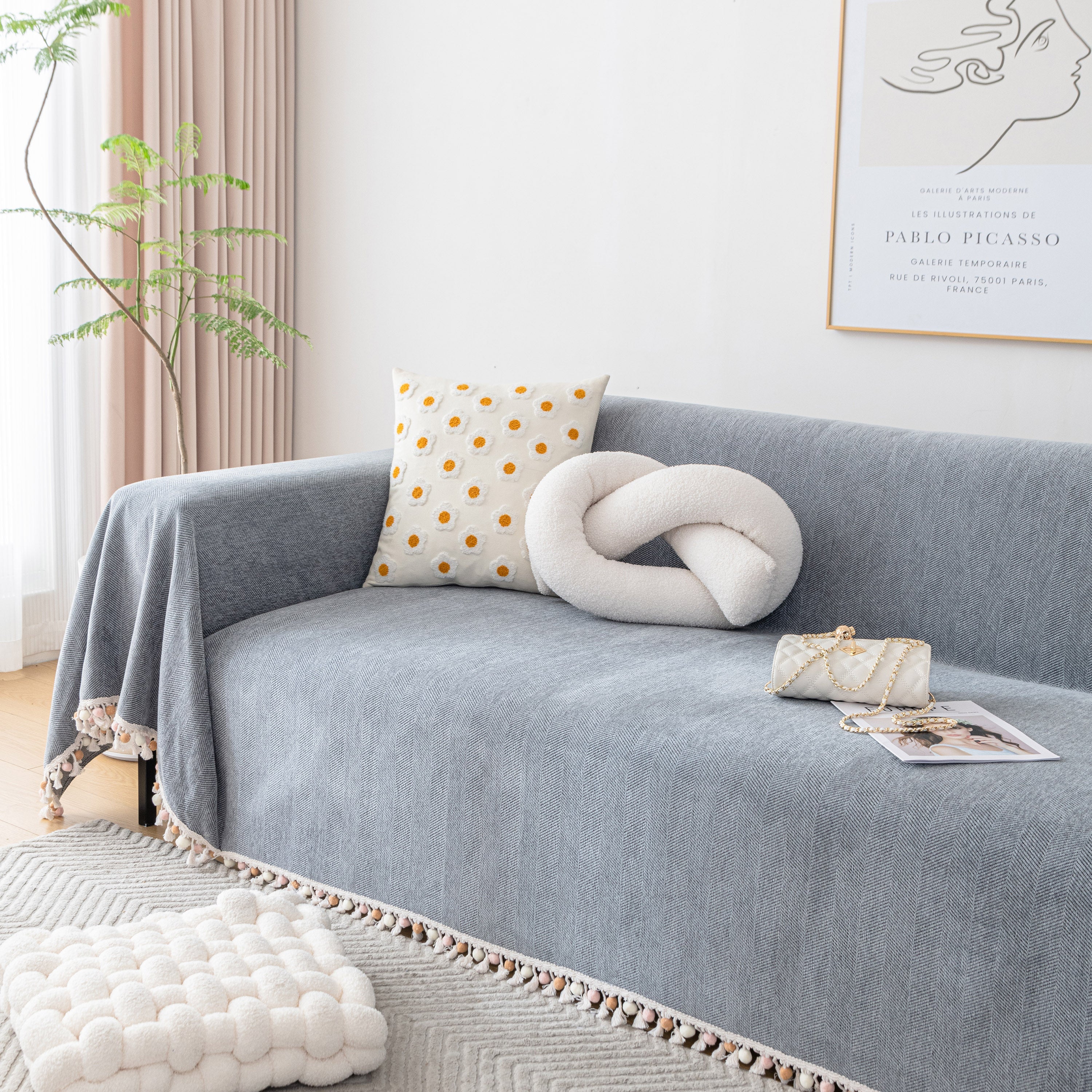 Boho Herringbone Sofa Throw Blanket with Pom Pom Tassels Stylish Furniture Slipcover