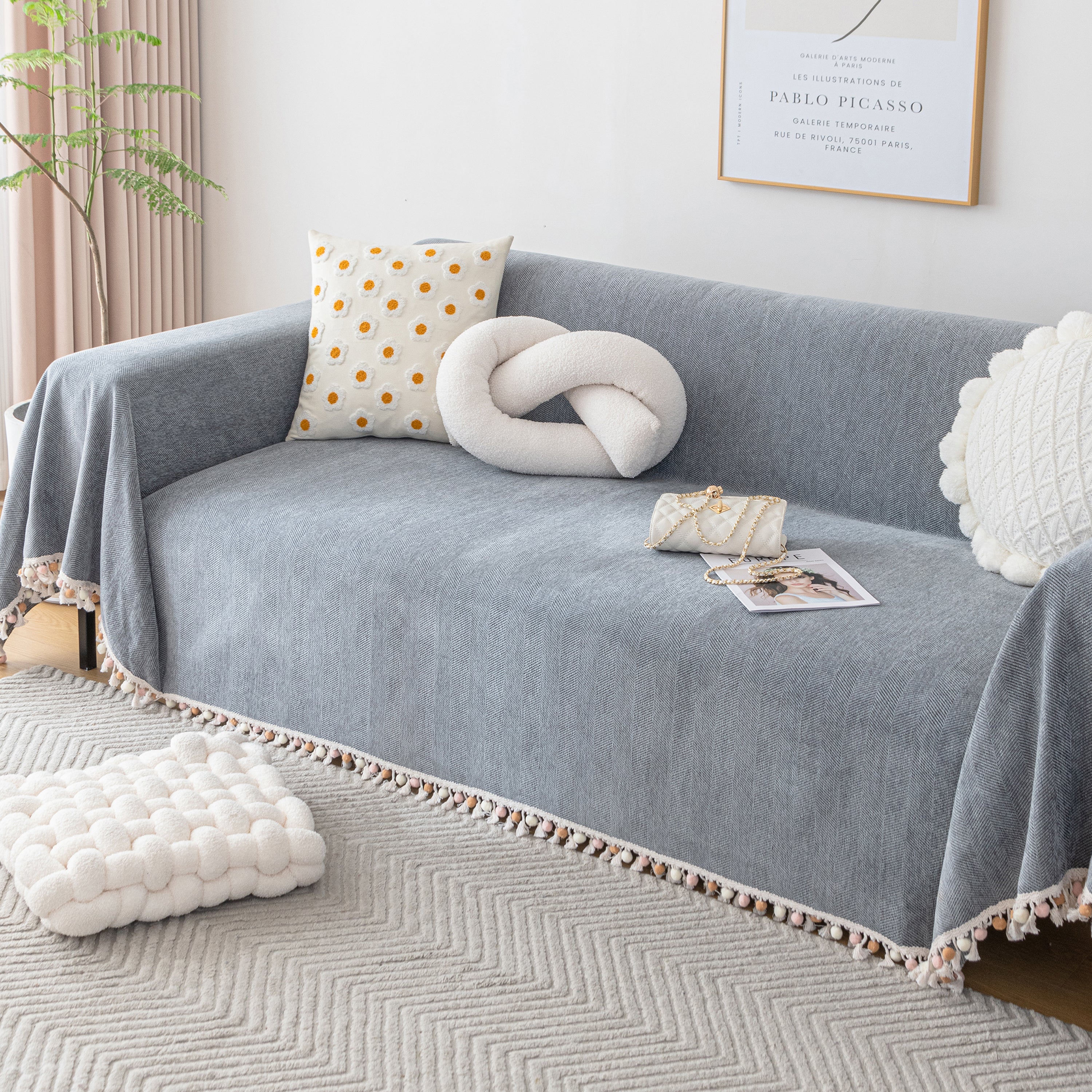 Boho Herringbone Sofa Throw Blanket with Pom Pom Tassels Stylish Furniture Slipcover
