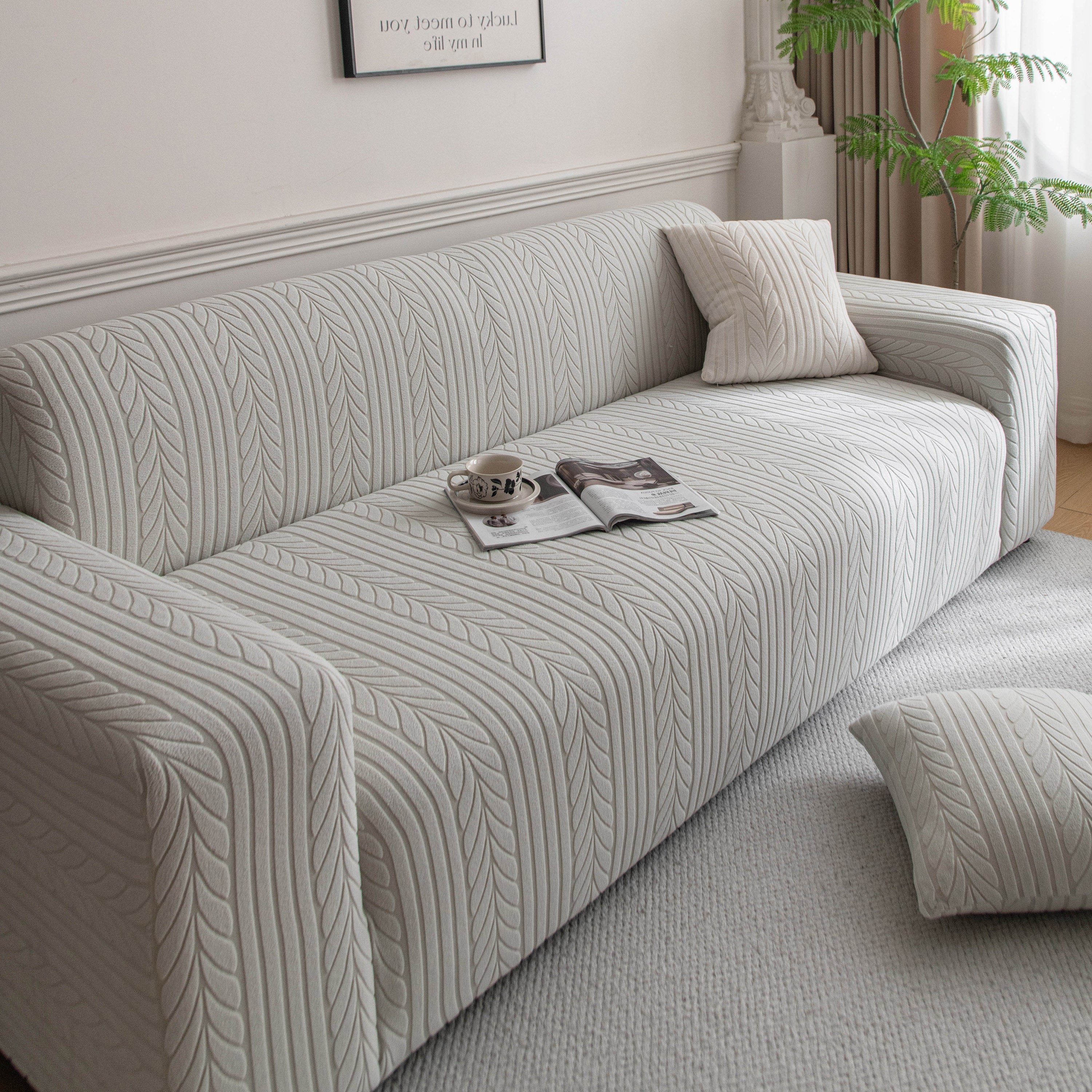 Plush Fleece Sofa Slipcover with 3D Wheat Pattern, Cozy High-Stretch Couch Cover
