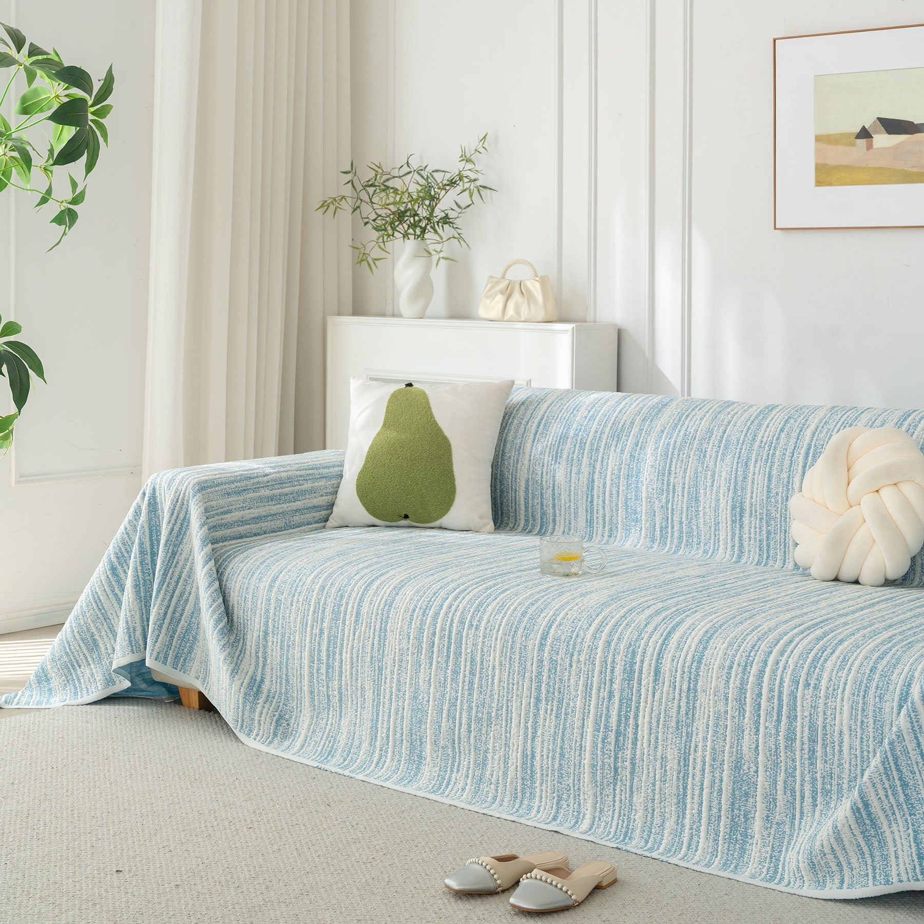 Summer Cooling Ice Silk Sofa Cover, Textured Stripe Soft Breathable Couch Throw Cover