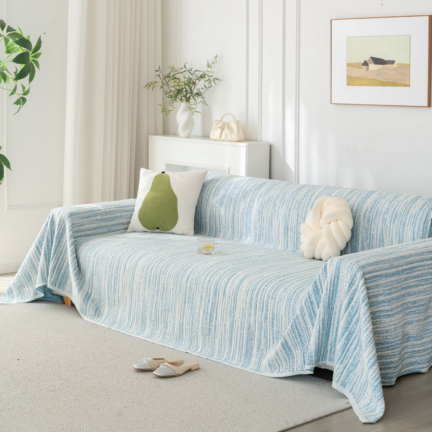 Summer Cooling Ice Silk Sofa Cover, Textured Stripe Soft Breathable Couch Throw Cover