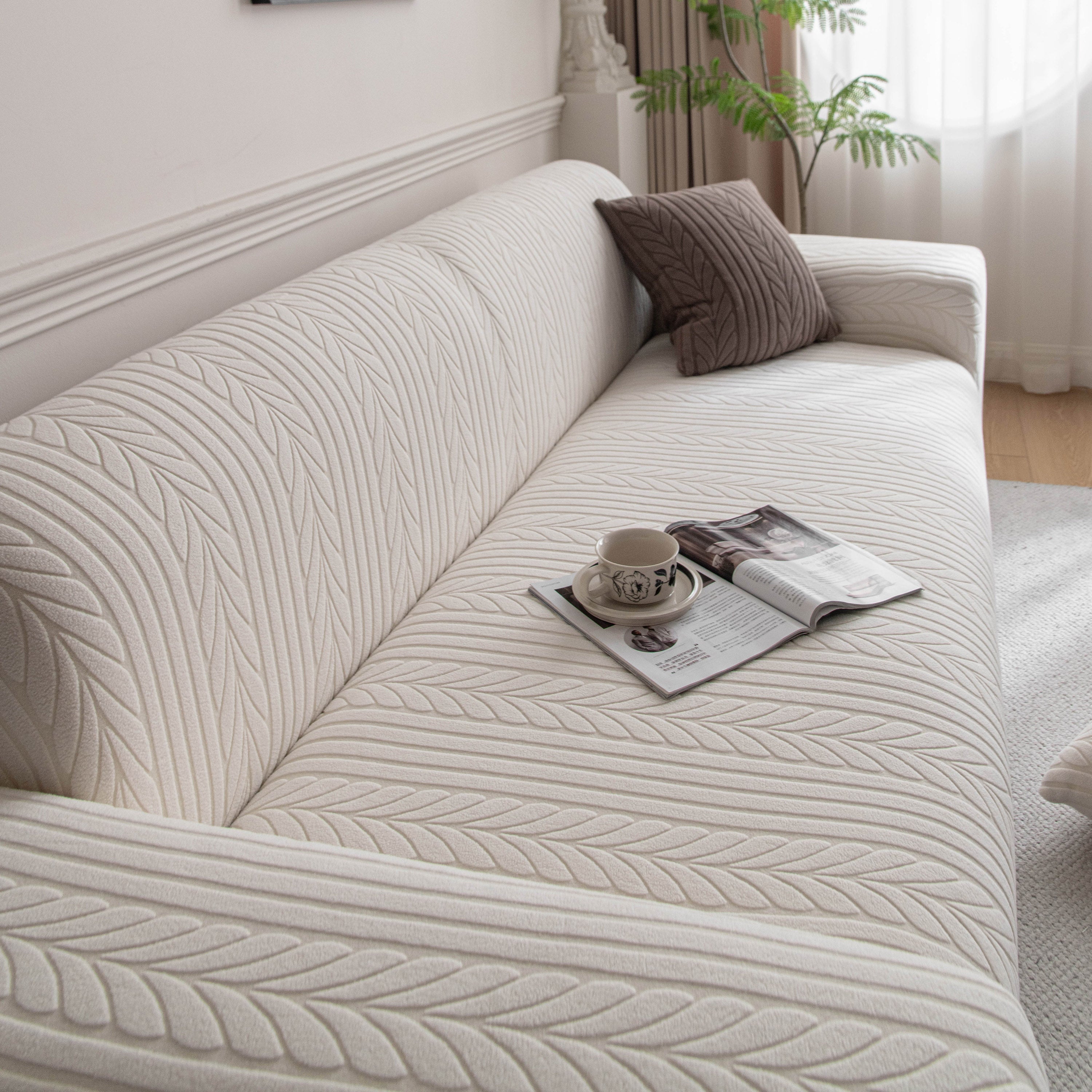 Plush Fleece Sofa Slipcover with 3D Wheat Pattern, Cozy High-Stretch Couch Cover