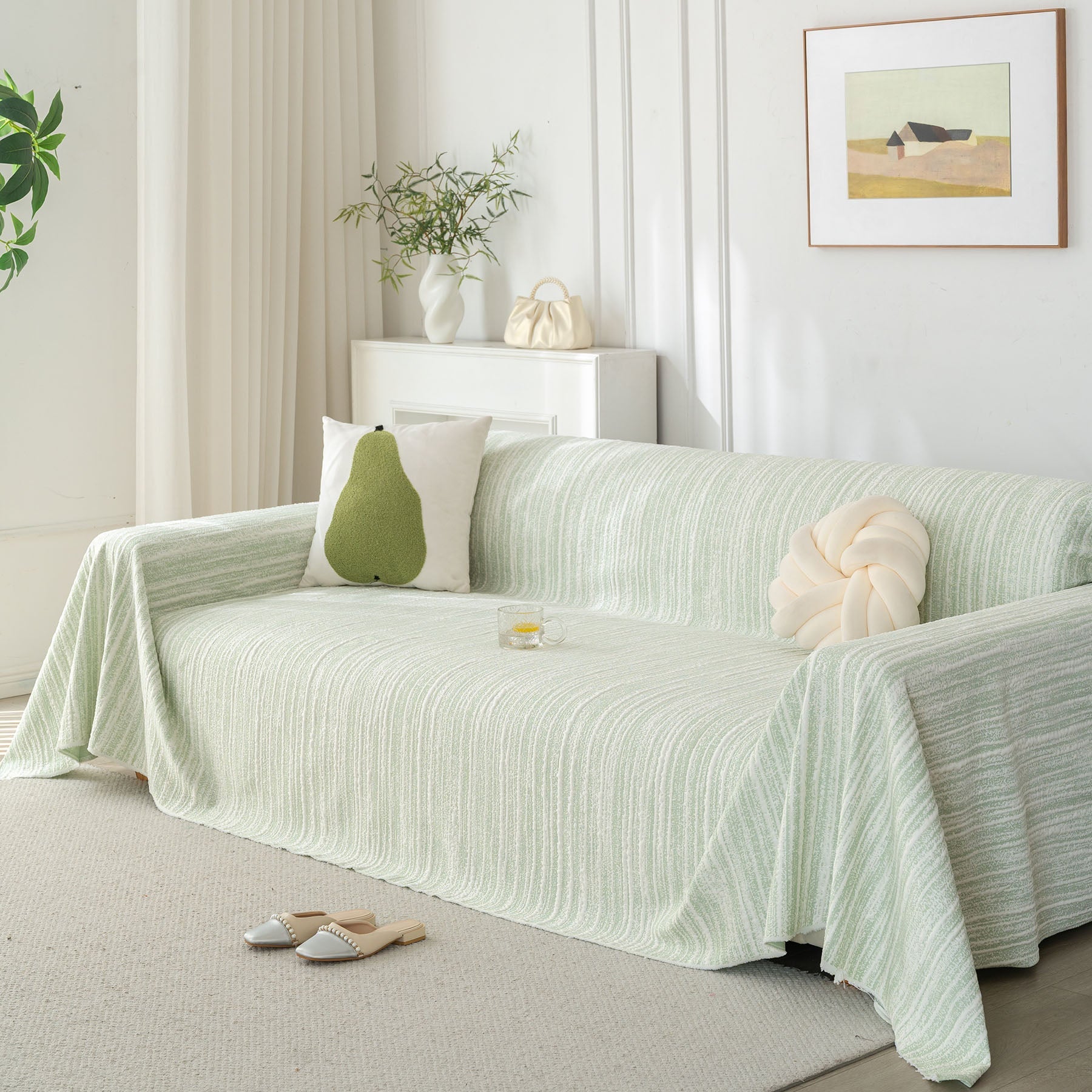 Summer Cooling Ice Silk Sofa Cover, Textured Stripe Soft Breathable Couch Throw Cover