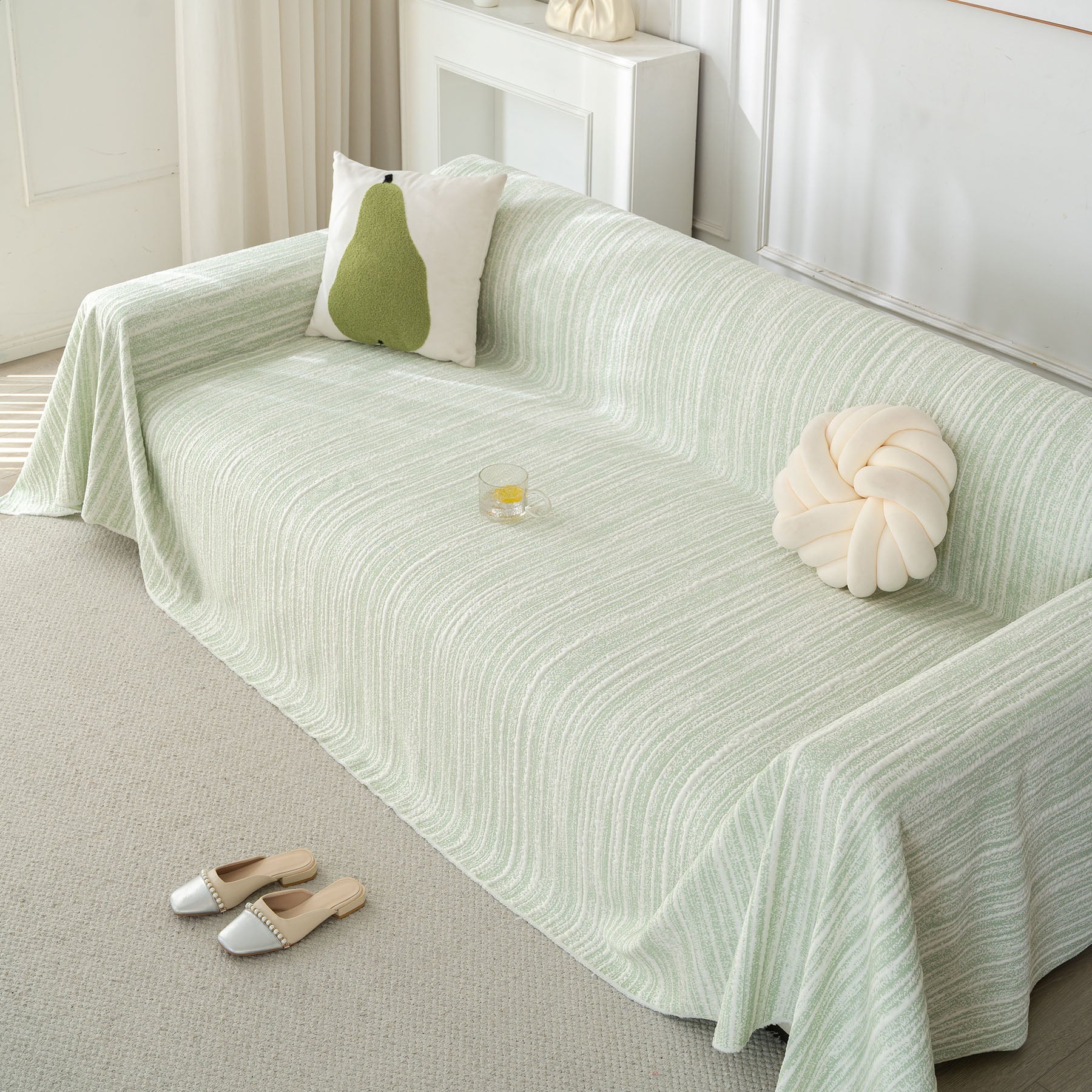 Summer Cooling Ice Silk Sofa Cover, Textured Stripe Soft Breathable Couch Throw Cover