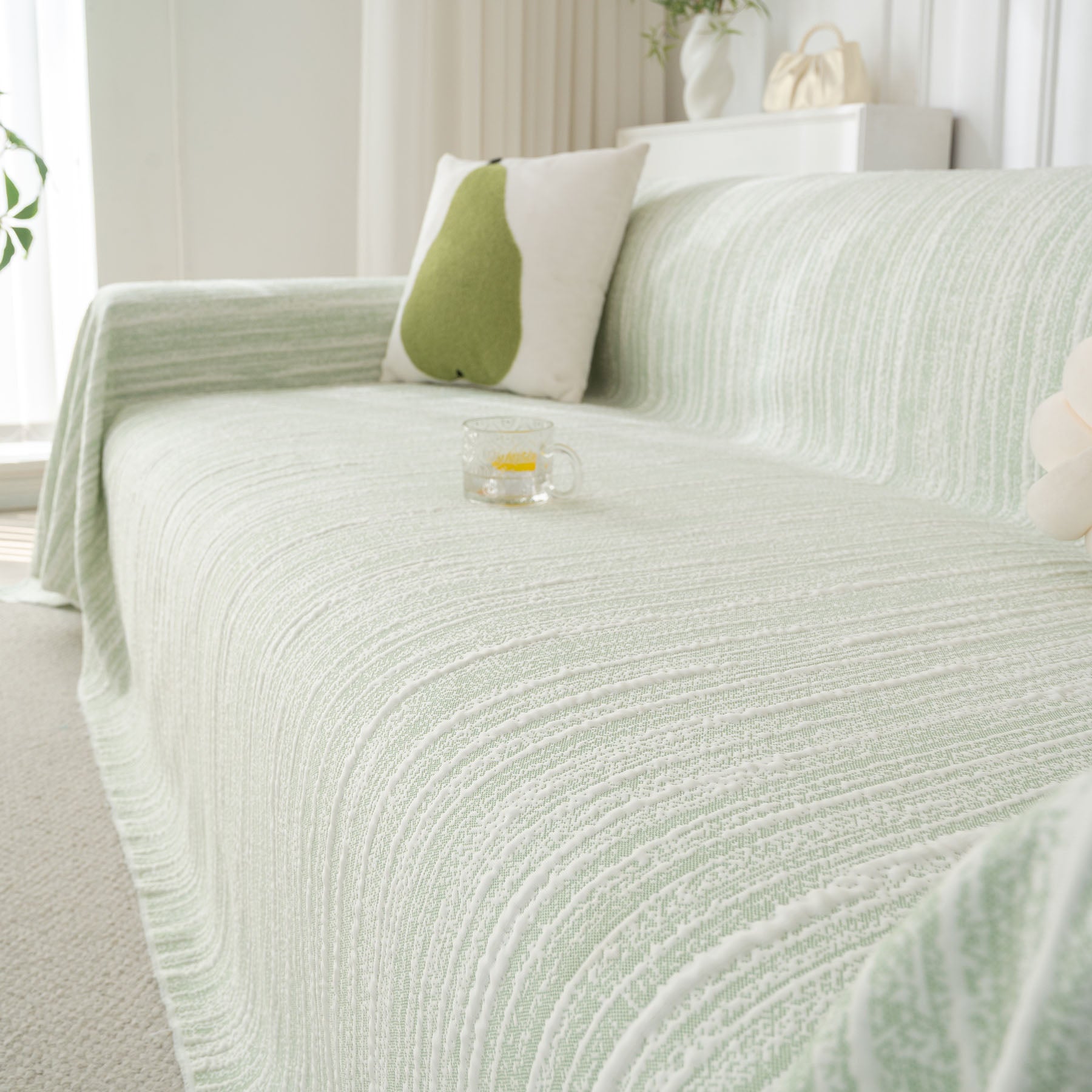 Summer Cooling Ice Silk Sofa Cover, Textured Stripe Soft Breathable Couch Throw Cover