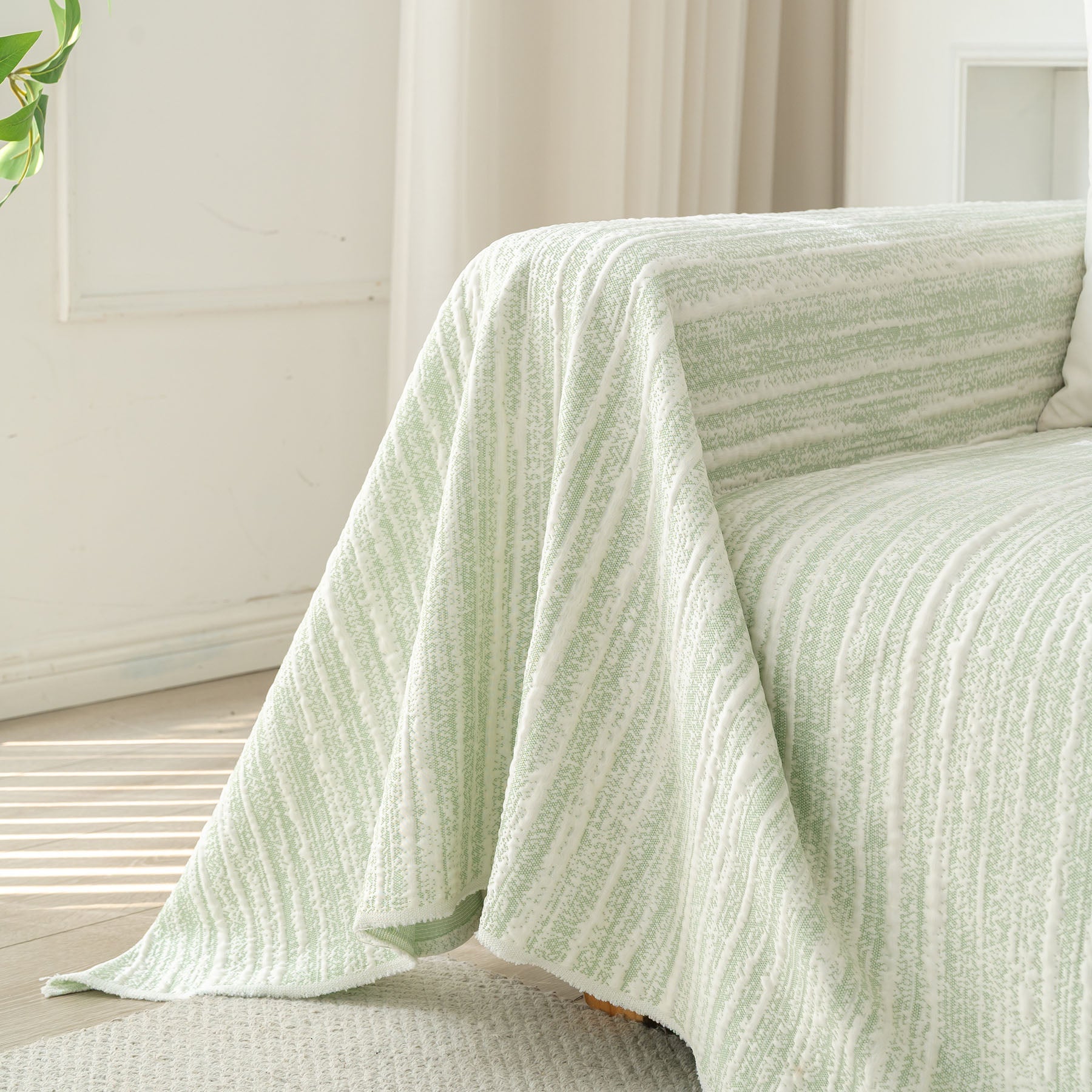 Summer Cooling Ice Silk Sofa Cover, Textured Stripe Soft Breathable Couch Throw Cover