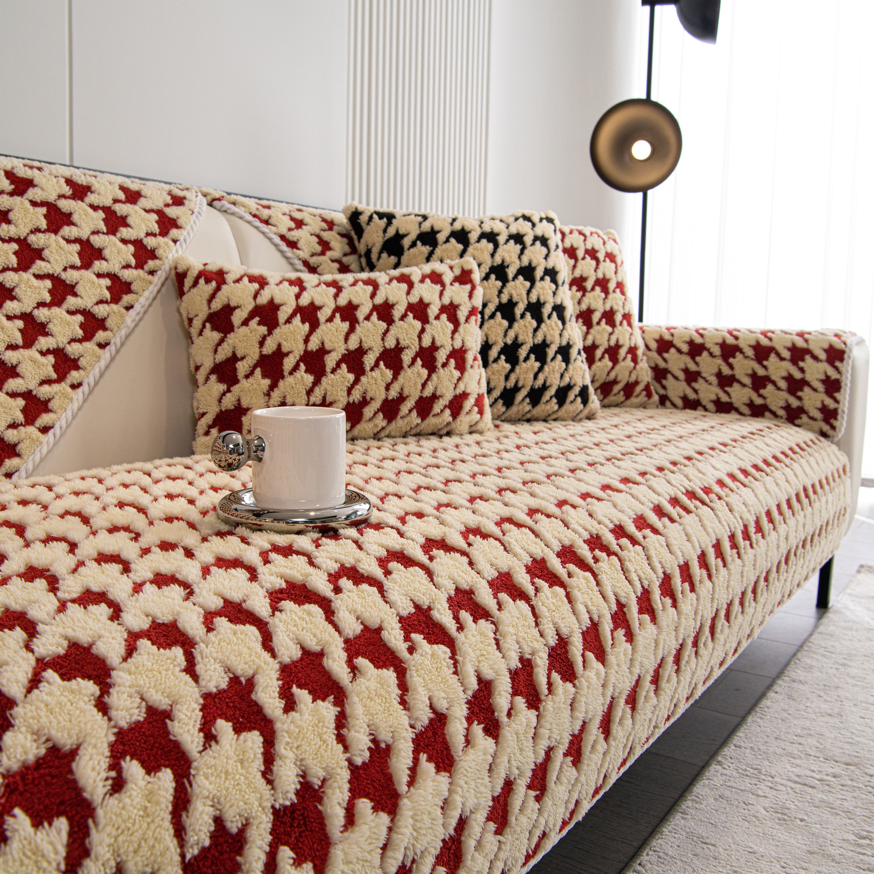 Winter Thickened Sherpa Fleece Houndstooth Sofa Cushion, Non-slip Sofa Cover with Plush