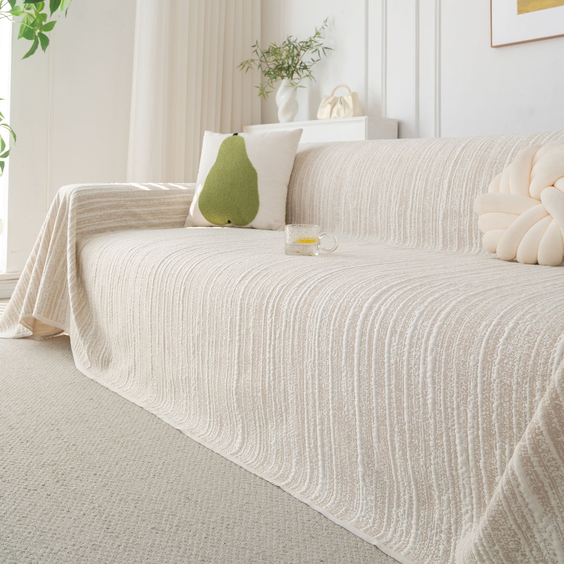 Summer Cooling Ice Silk Sofa Cover, Textured Stripe Soft Breathable Couch Throw Cover