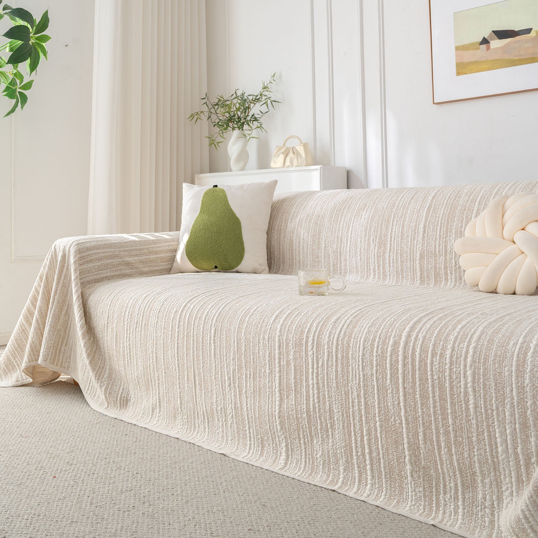 Summer Cooling Ice Silk Sofa Cover, Textured Stripe Soft Breathable Couch Throw Cover