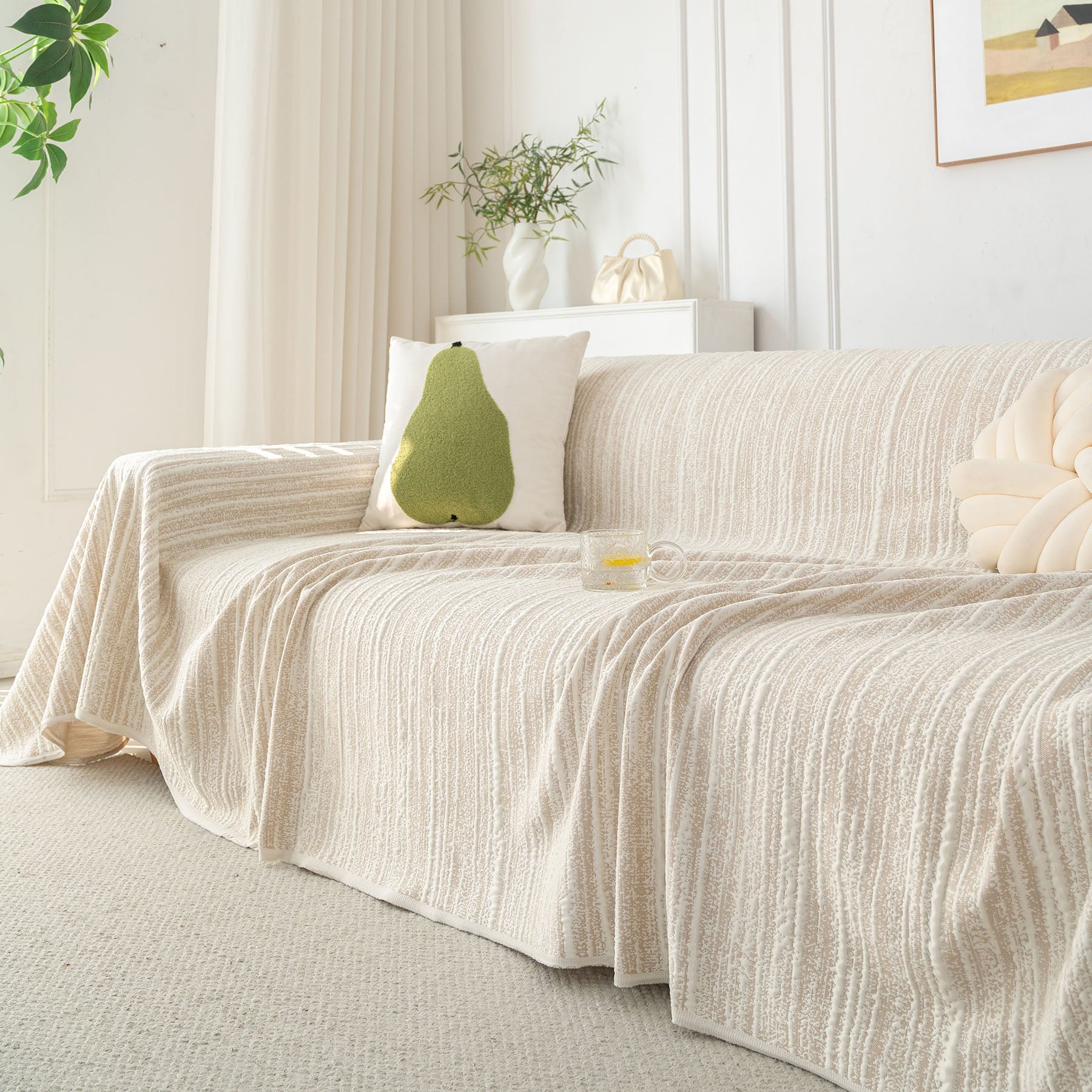 Summer Cooling Ice Silk Sofa Cover, Textured Stripe Soft Breathable Couch Throw Cover