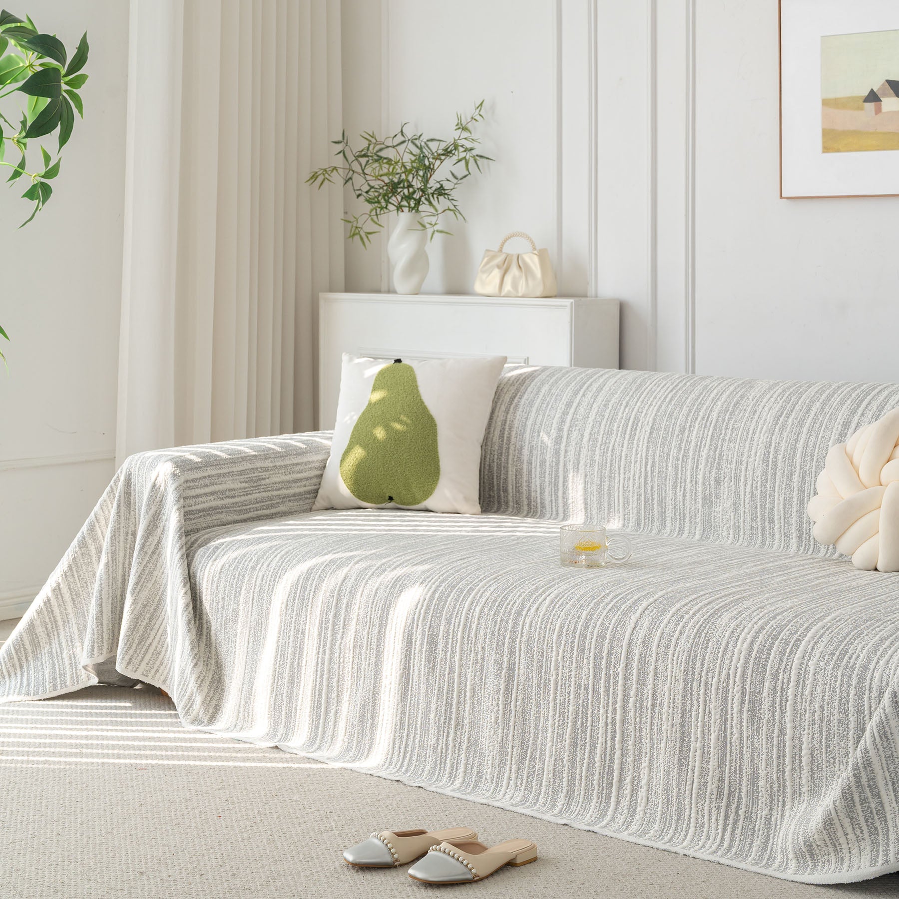 Summer Cooling Ice Silk Sofa Cover, Textured Stripe Soft Breathable Couch Throw Cover