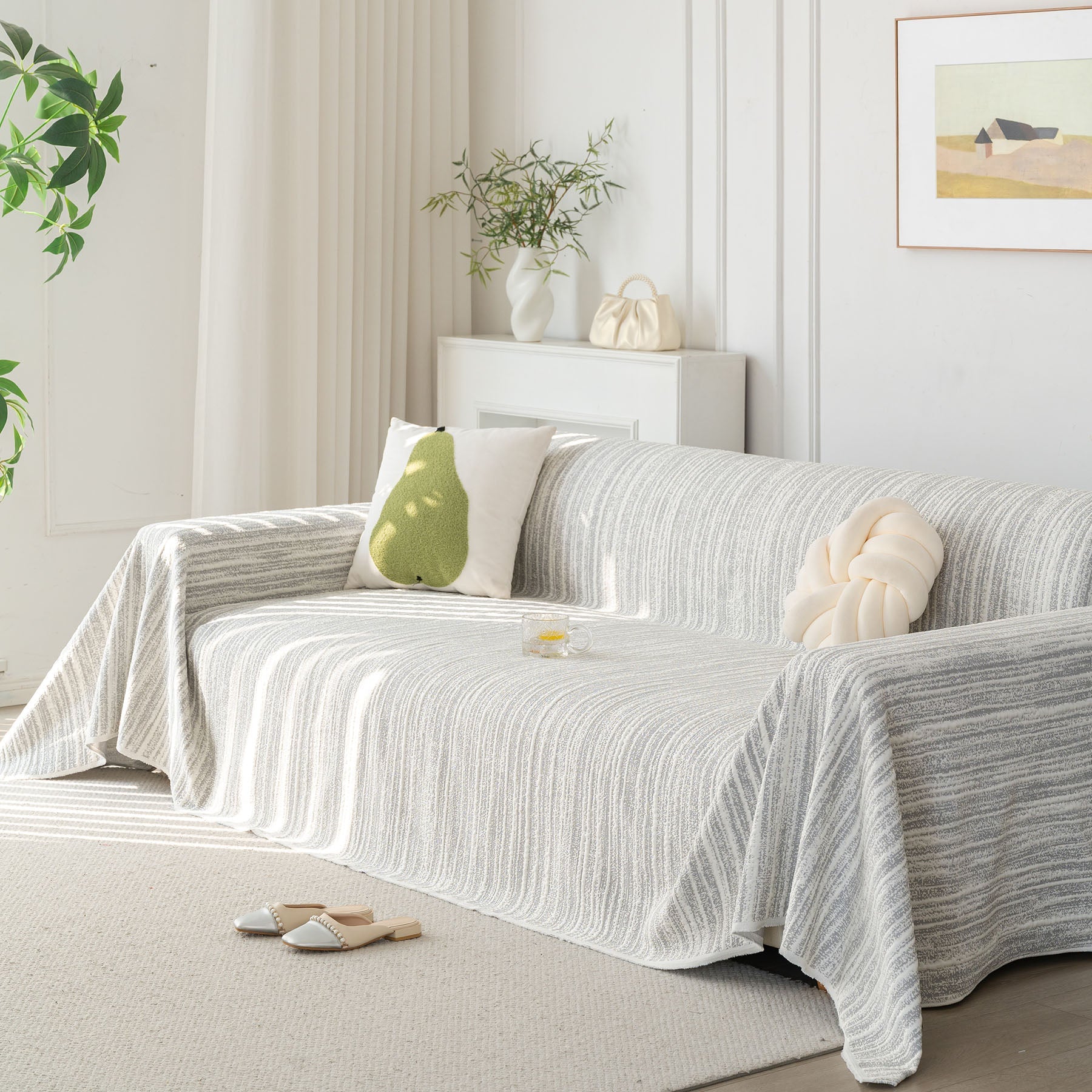 Summer Cooling Ice Silk Sofa Cover, Textured Stripe Soft Breathable Couch Throw Cover