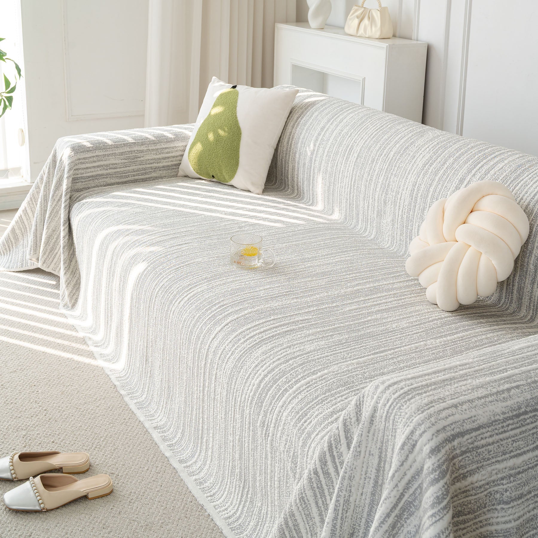 Summer Cooling Ice Silk Sofa Cover, Textured Stripe Soft Breathable Couch Throw Cover
