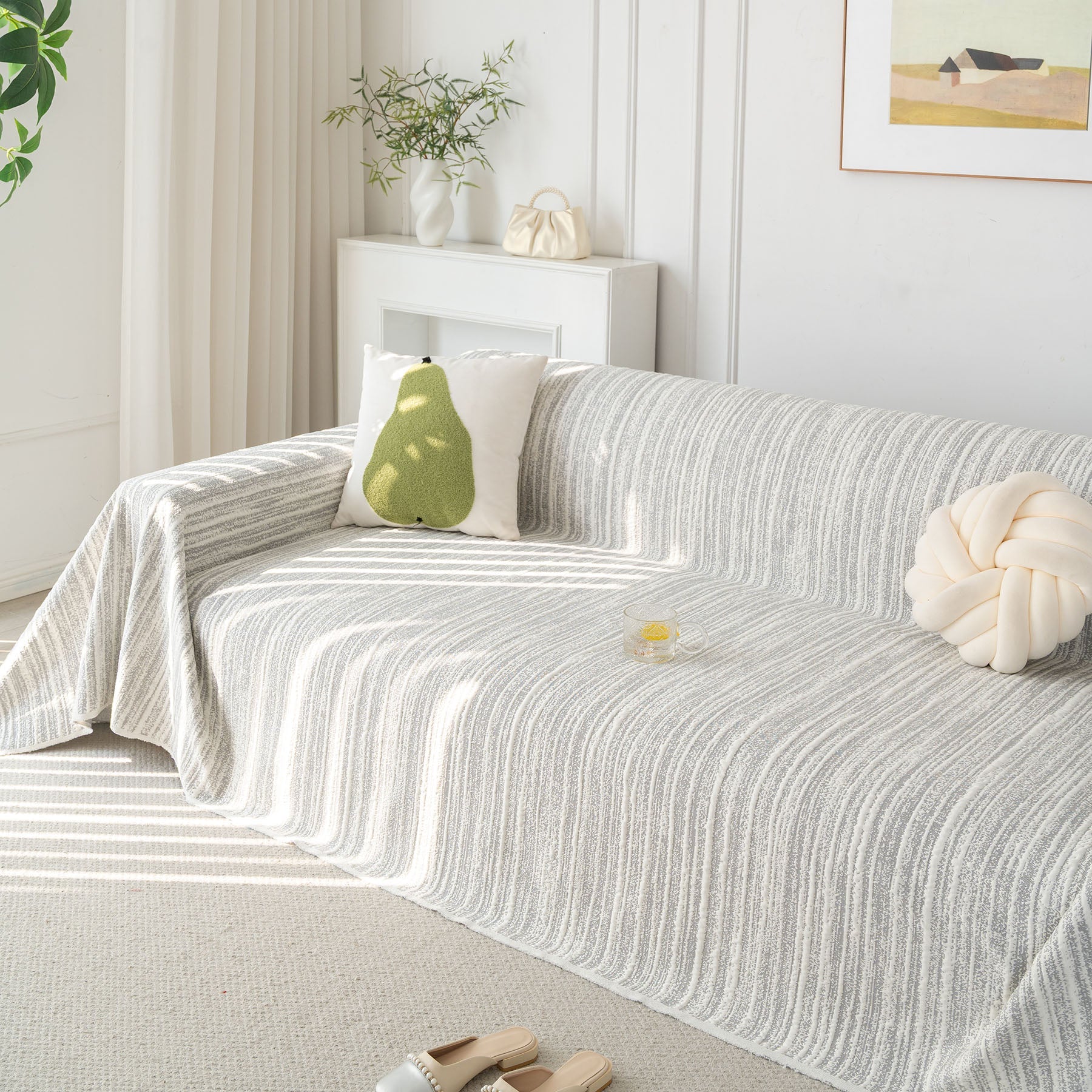 Summer Cooling Ice Silk Sofa Cover, Textured Stripe Soft Breathable Couch Throw Cover