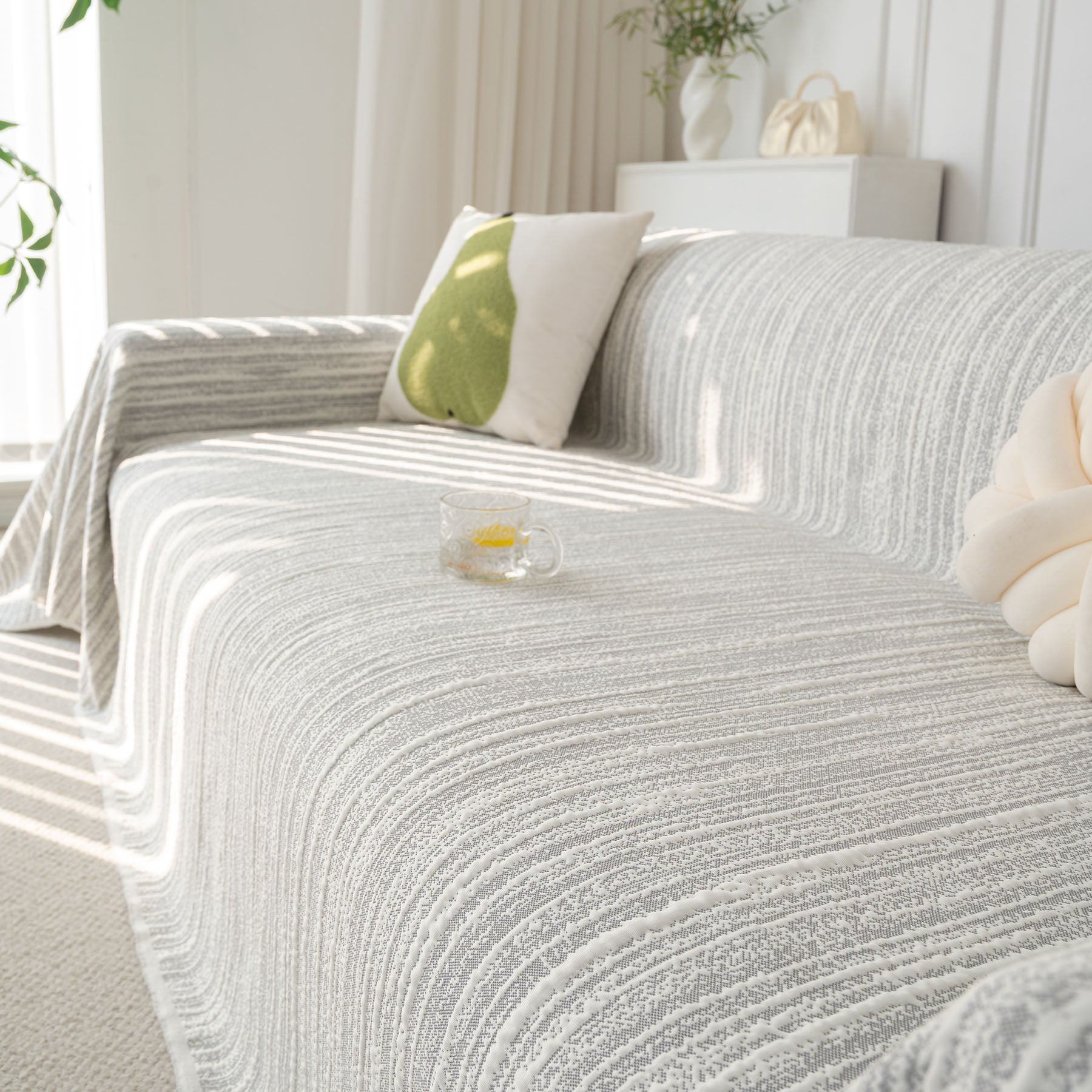 Summer Cooling Ice Silk Sofa Cover, Textured Stripe Soft Breathable Couch Throw Cover