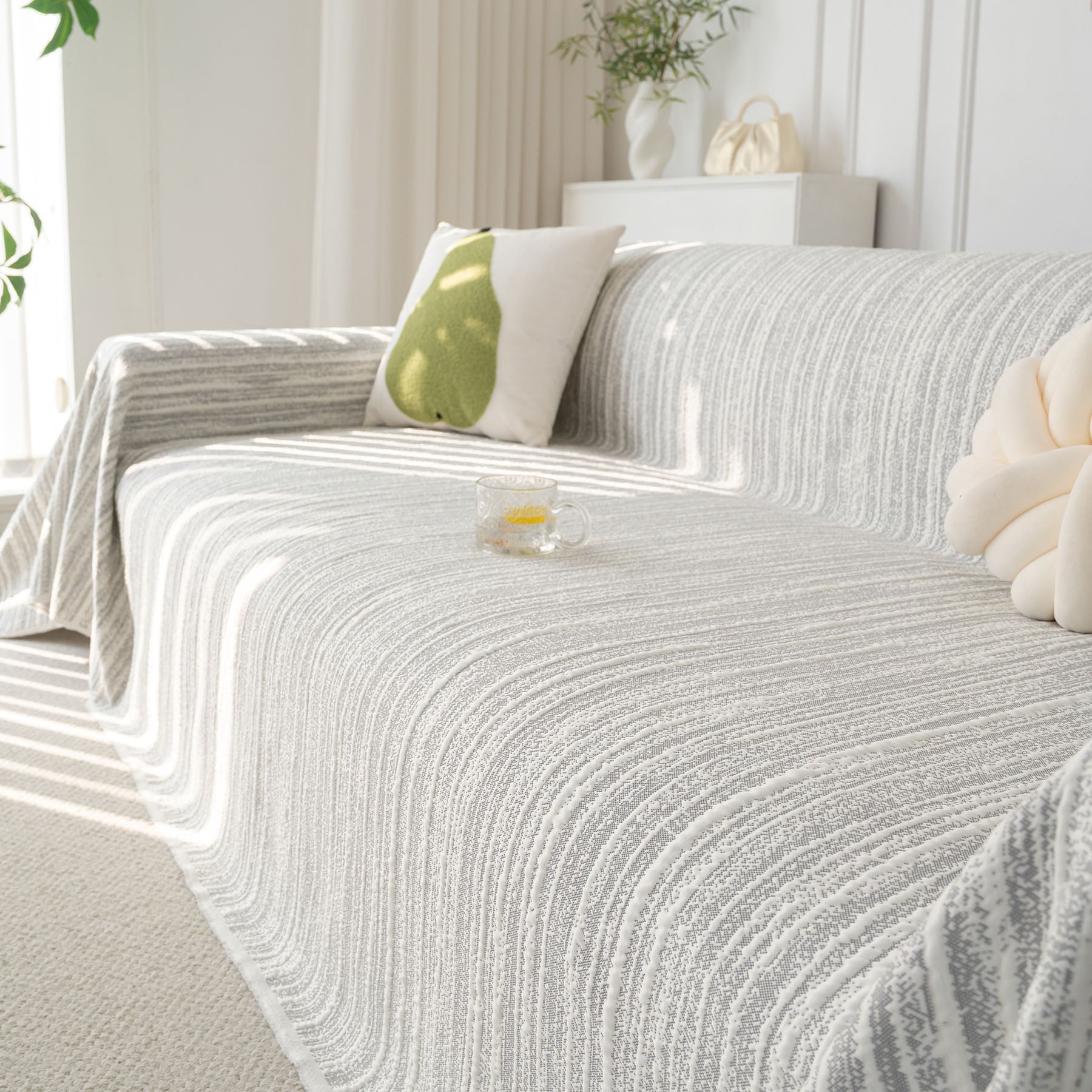 Summer Cooling Ice Silk Sofa Cover, Textured Stripe Soft Breathable Couch Throw Cover