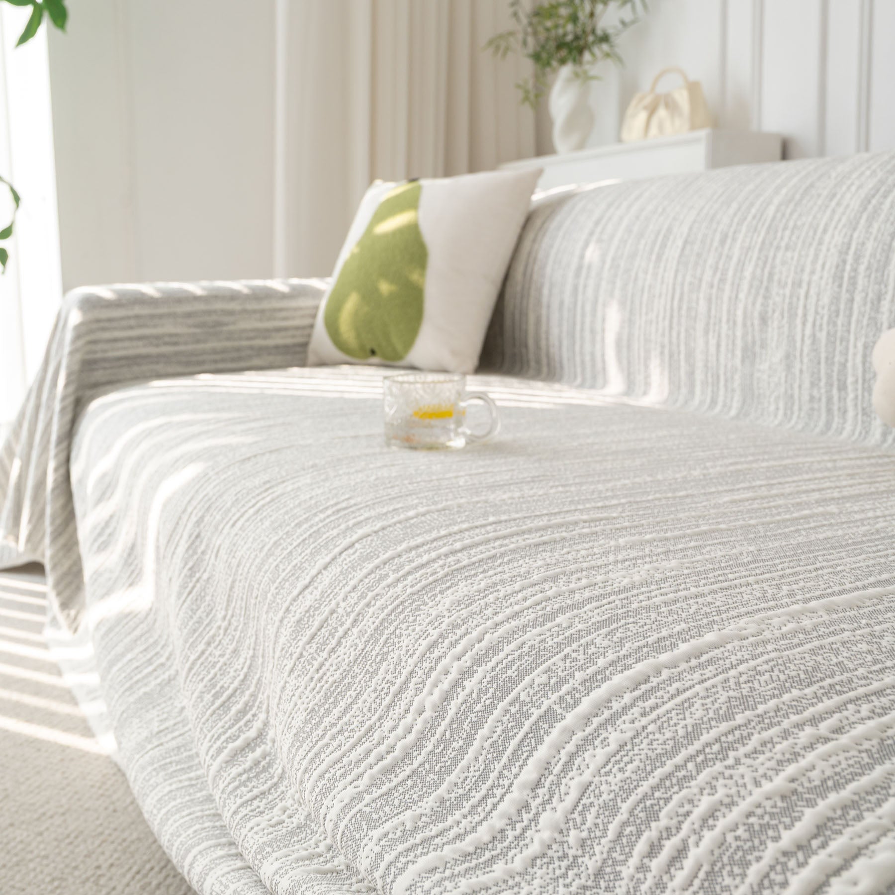 Summer Cooling Ice Silk Sofa Cover, Textured Stripe Soft Breathable Couch Throw Cover
