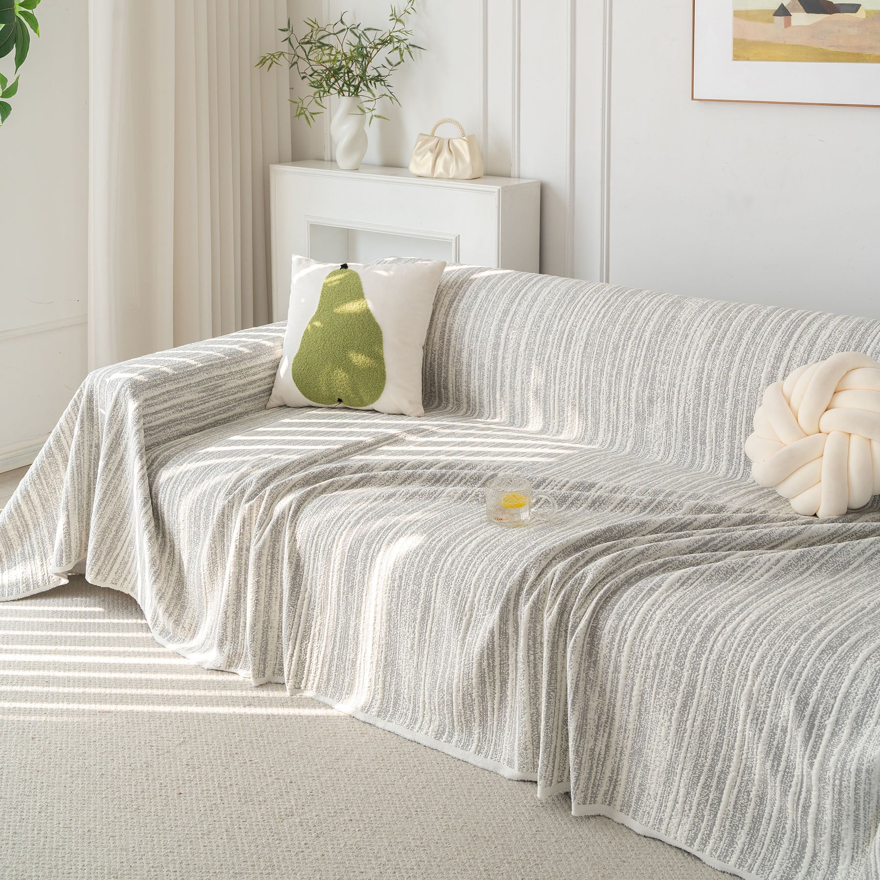 Summer Cooling Ice Silk Sofa Cover, Textured Stripe Soft Breathable Couch Throw Cover
