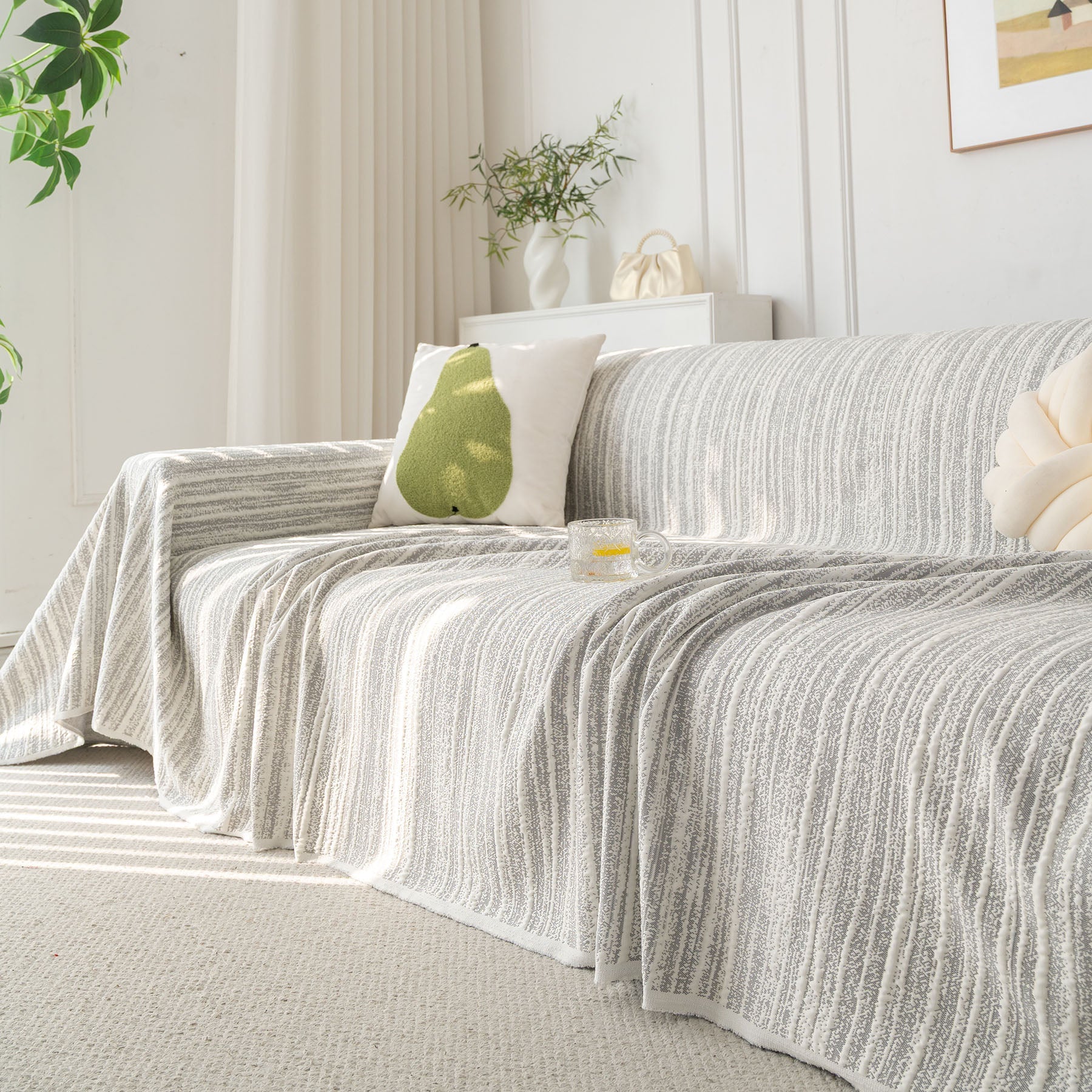 Summer Cooling Ice Silk Sofa Cover, Textured Stripe Soft Breathable Couch Throw Cover