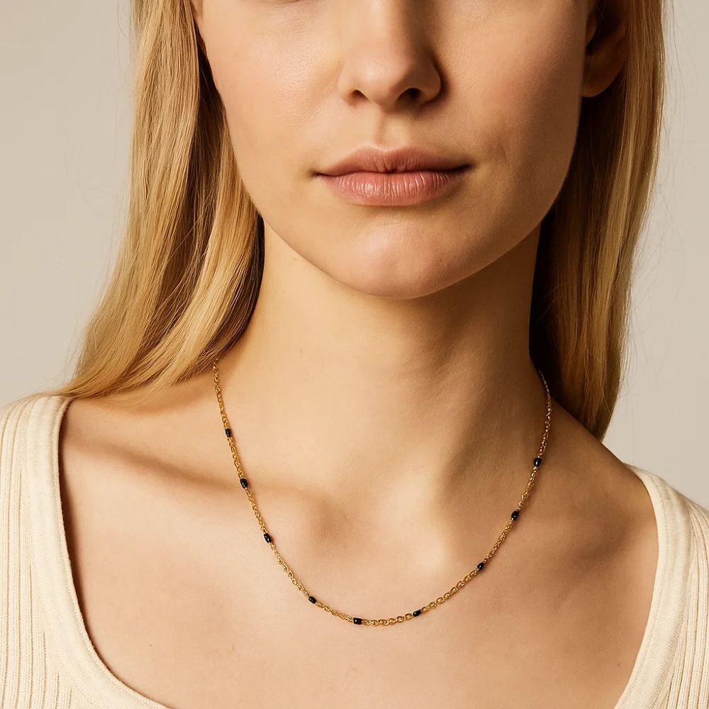 Dainty Black Onyx Beaded Link Necklace