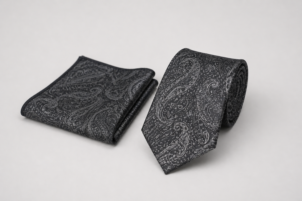 Dark Gray Paisley Silk Tie & Pocket Square Set