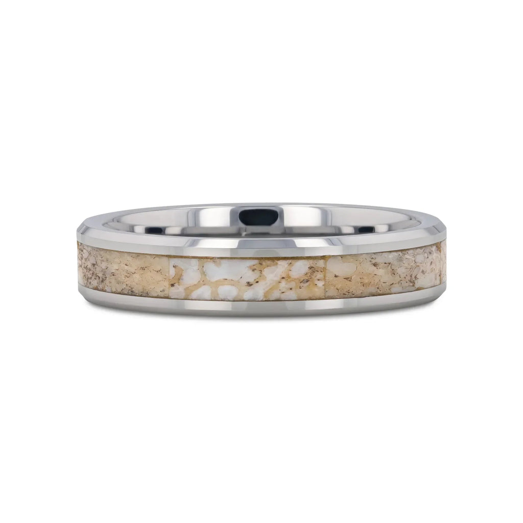 MESOZOIC Men’s Tungsten Flat Beveled Wedding Ring with White Dinosaur Bone Inlay - 4mm