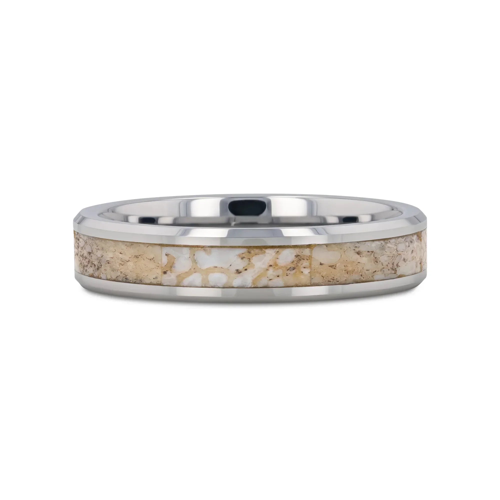MESOZOIC Men’s Tungsten Flat Beveled Wedding Ring with White Dinosaur Bone Inlay - 4mm